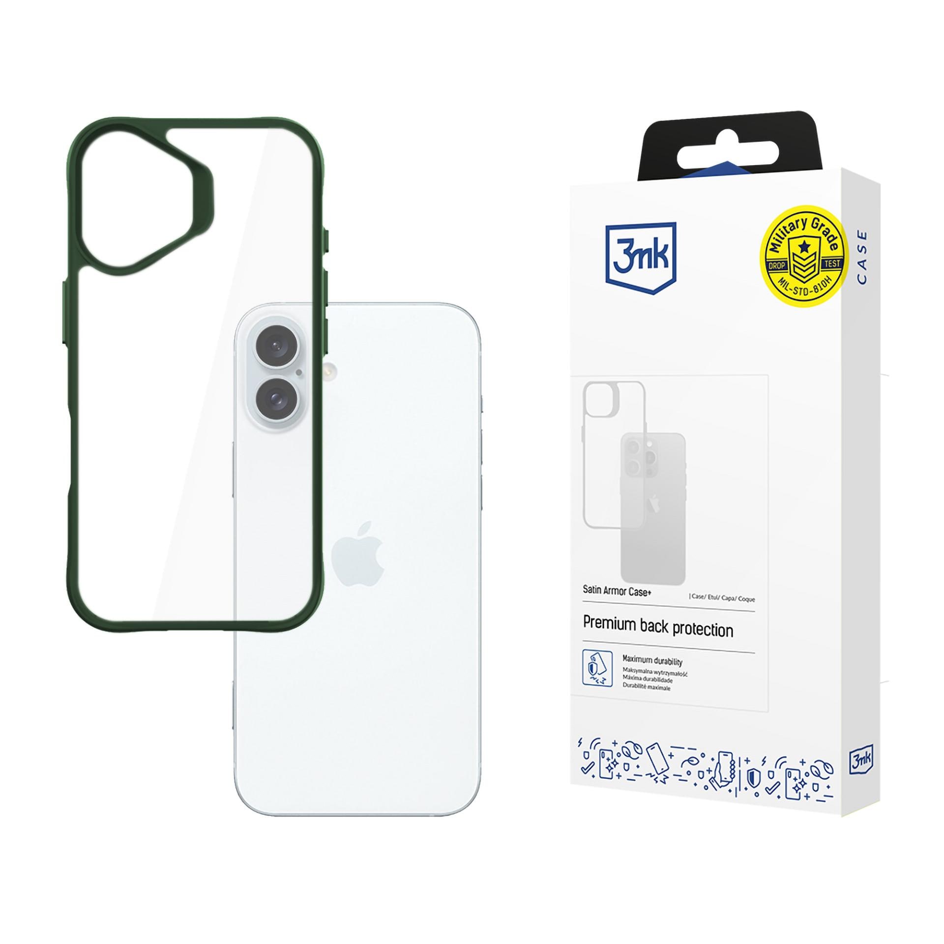 3mk Satin Armor Case+ Grønn til Apple iPhone 16 Plus – gjennomsiktig