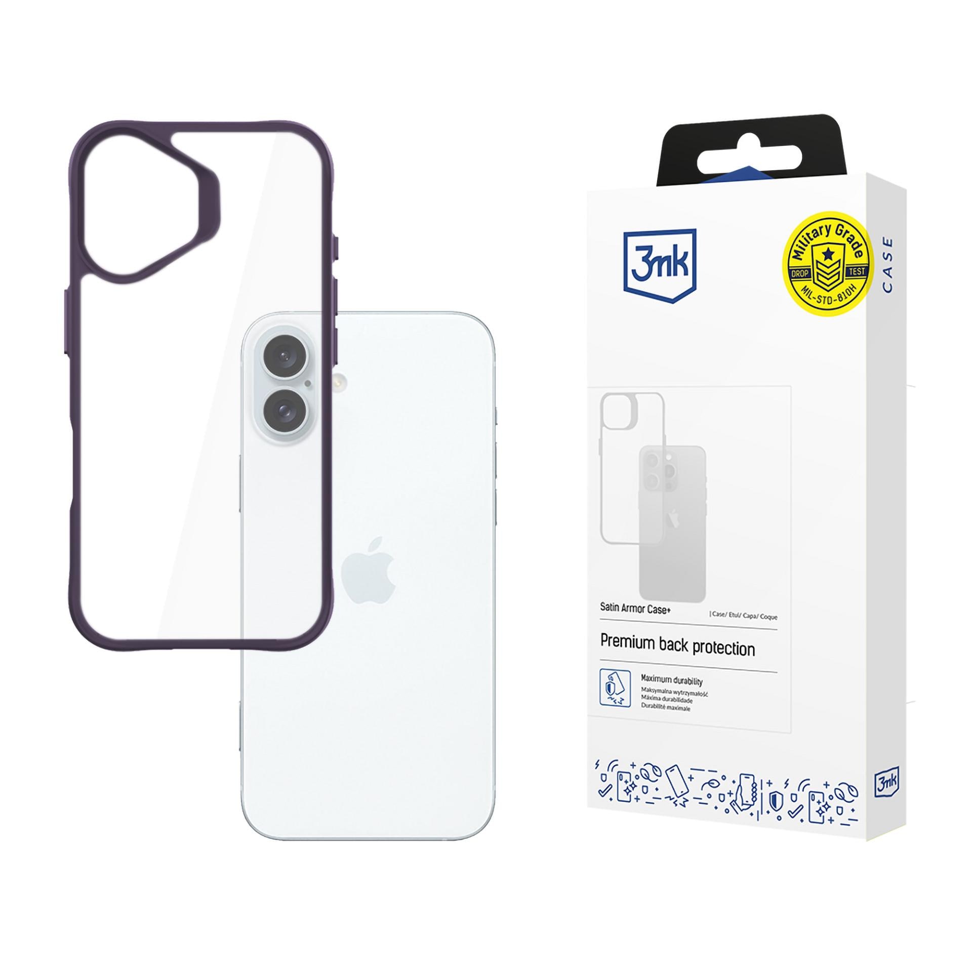 3mk Satin Armor Case+ Lilla til Apple iPhone 16 Plus – Gjennomsiktig