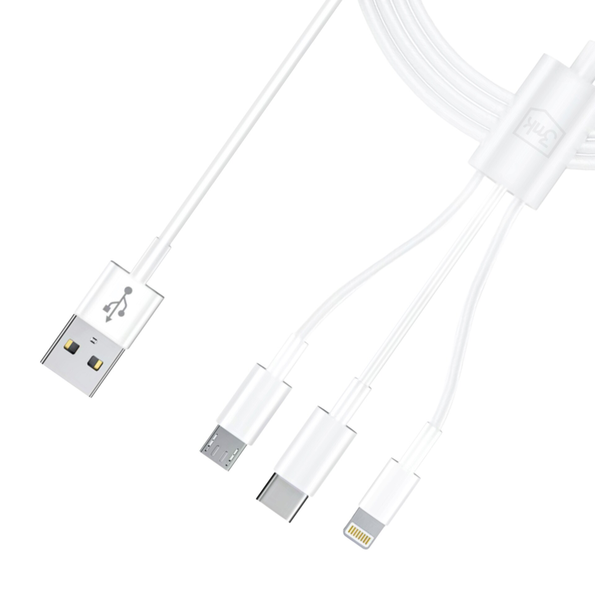 3mk-kabel 3-i-1 USB-A – micro-USB / Lightning / USB-C, 1,2 m, 20 V/2,4 A, 15 W – hvit