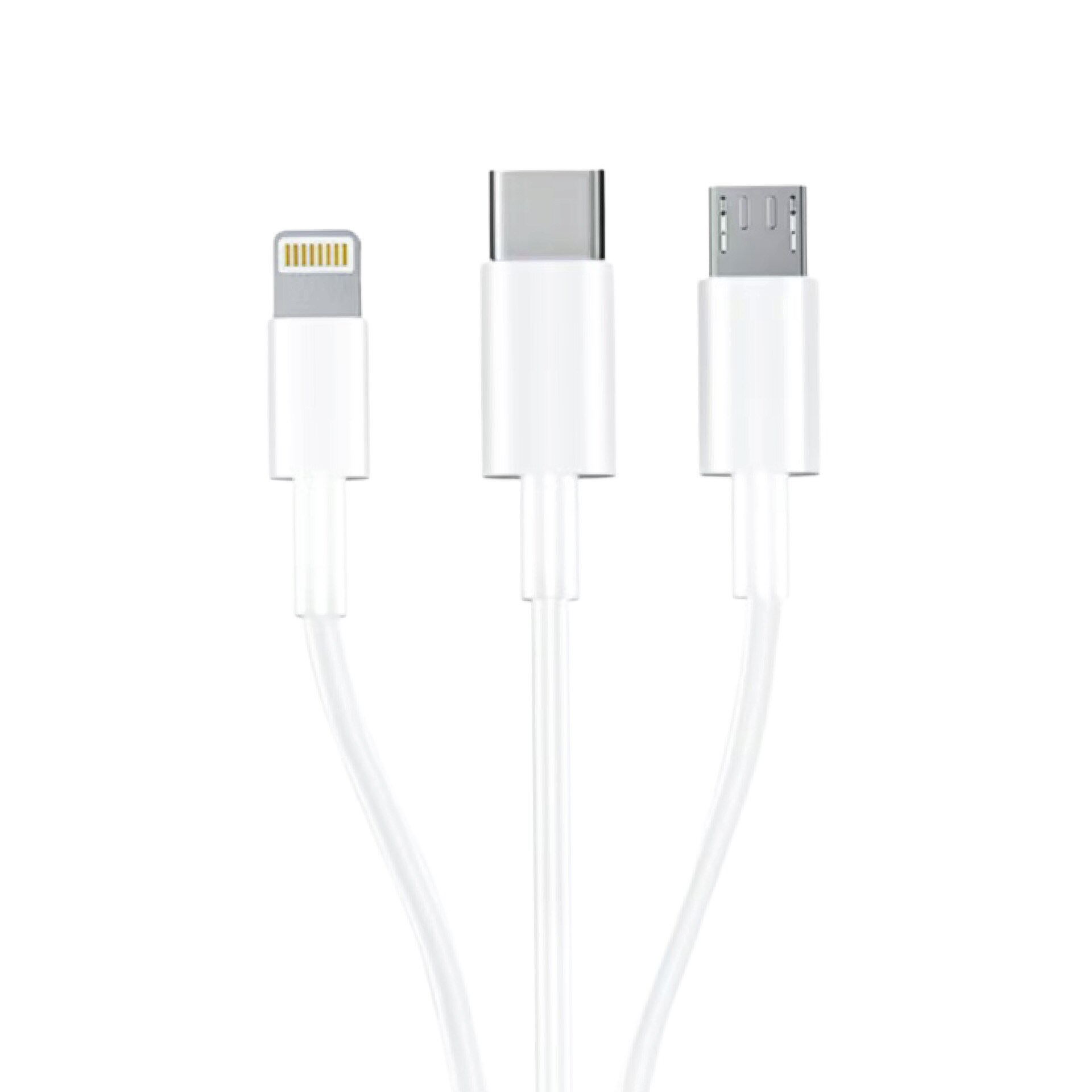 3mk-kabel 3-i-1 USB-A – micro-USB / Lightning / USB-C, 1,2 m, 20 V/2,4 A, 15 W – hvit