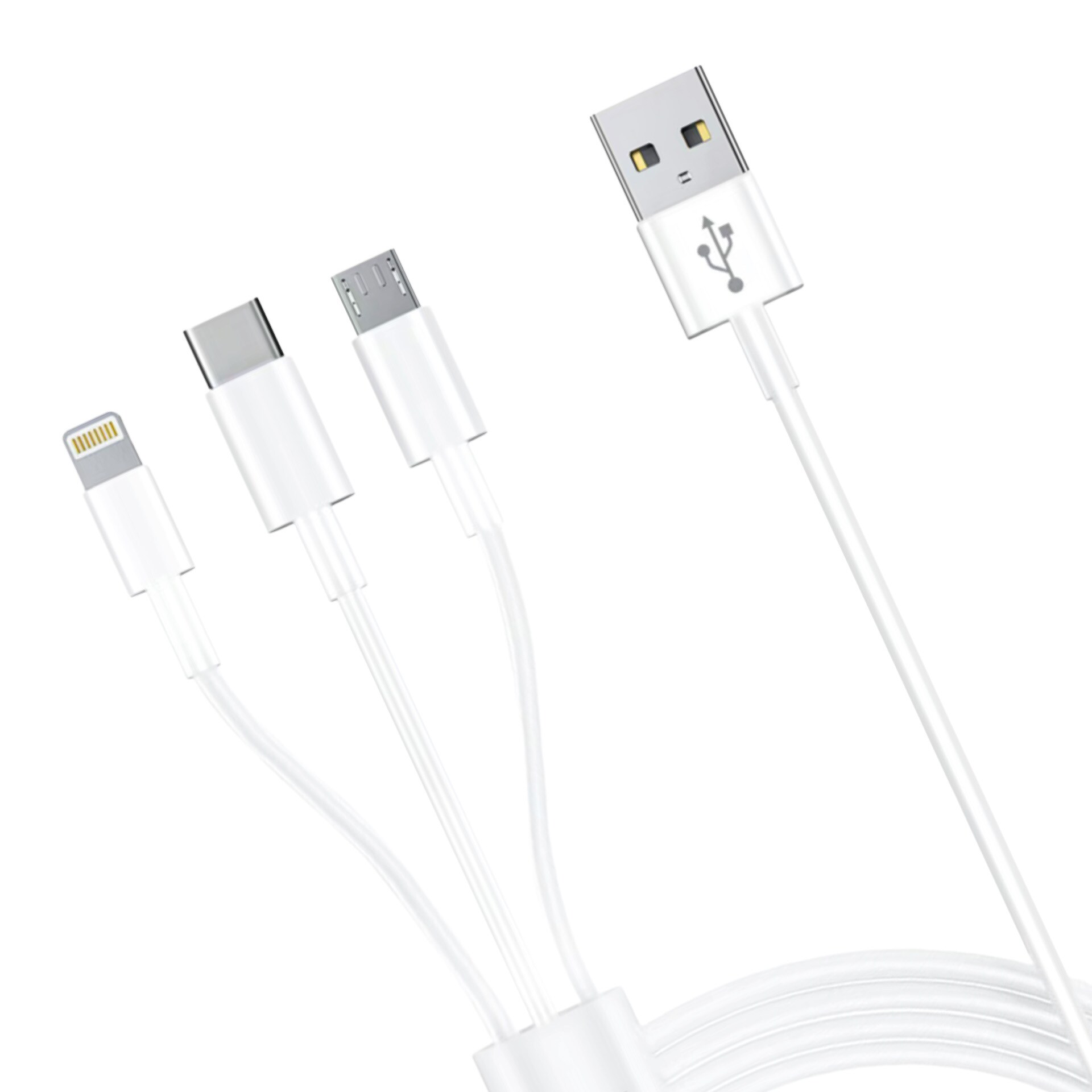 3mk-kabel 3-i-1 USB-A – micro-USB / Lightning / USB-C, 1,2 m, 20 V/2,4 A, 15 W – hvit