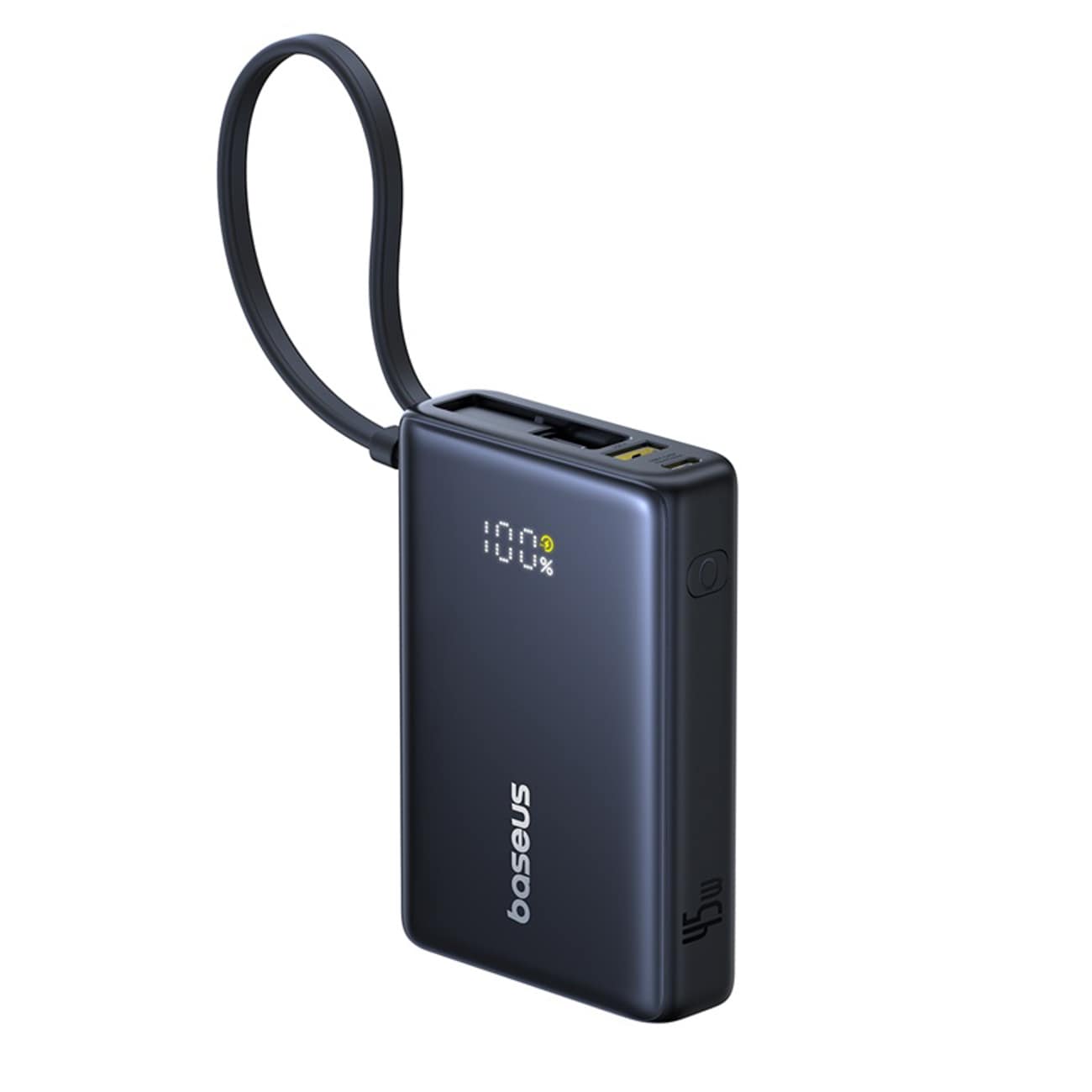 Baseus PicoGo 10 000 mAh 45 W powerbank med digitalt display og innebygd USB-C-kabel – svart