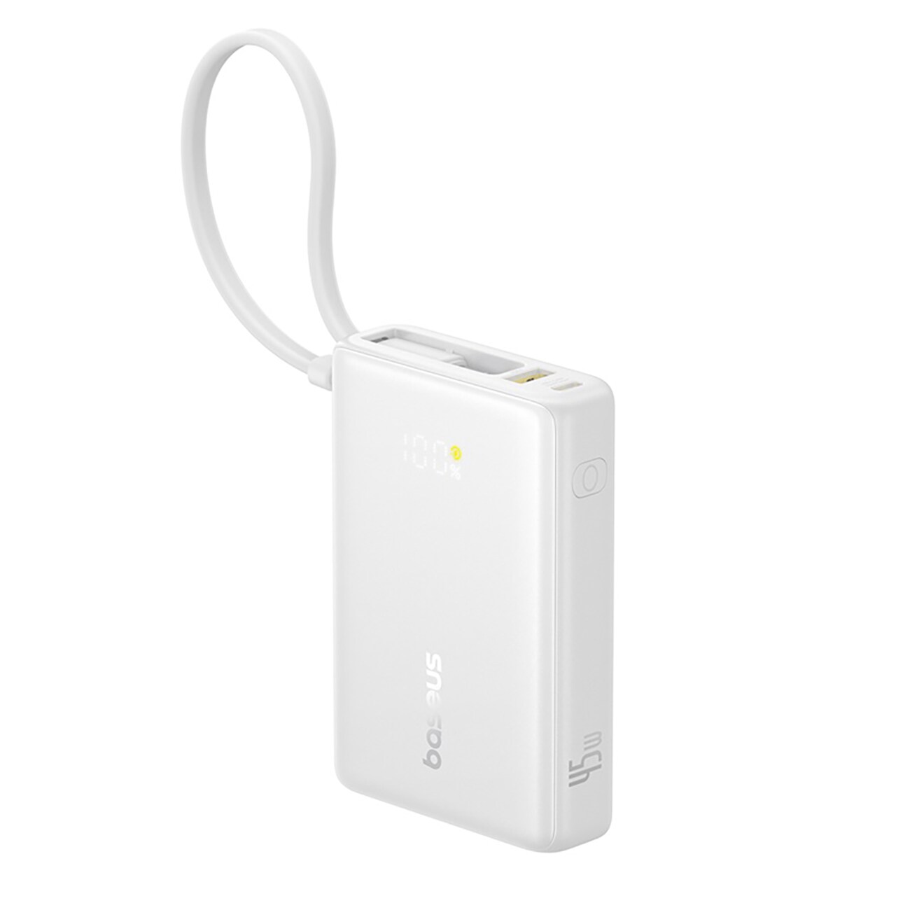 Baseus PicoGo 10 000 mAh 45 W powerbank med innebygd kabel og skjerm – hvit