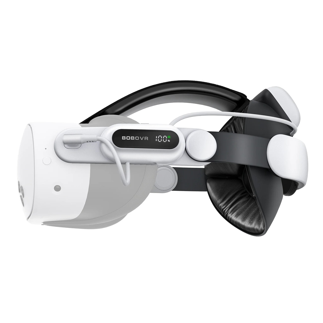 BoboVR E3 Pro-hodestropp med batteri til Meta Quest 3 og 3S – hvit og svart