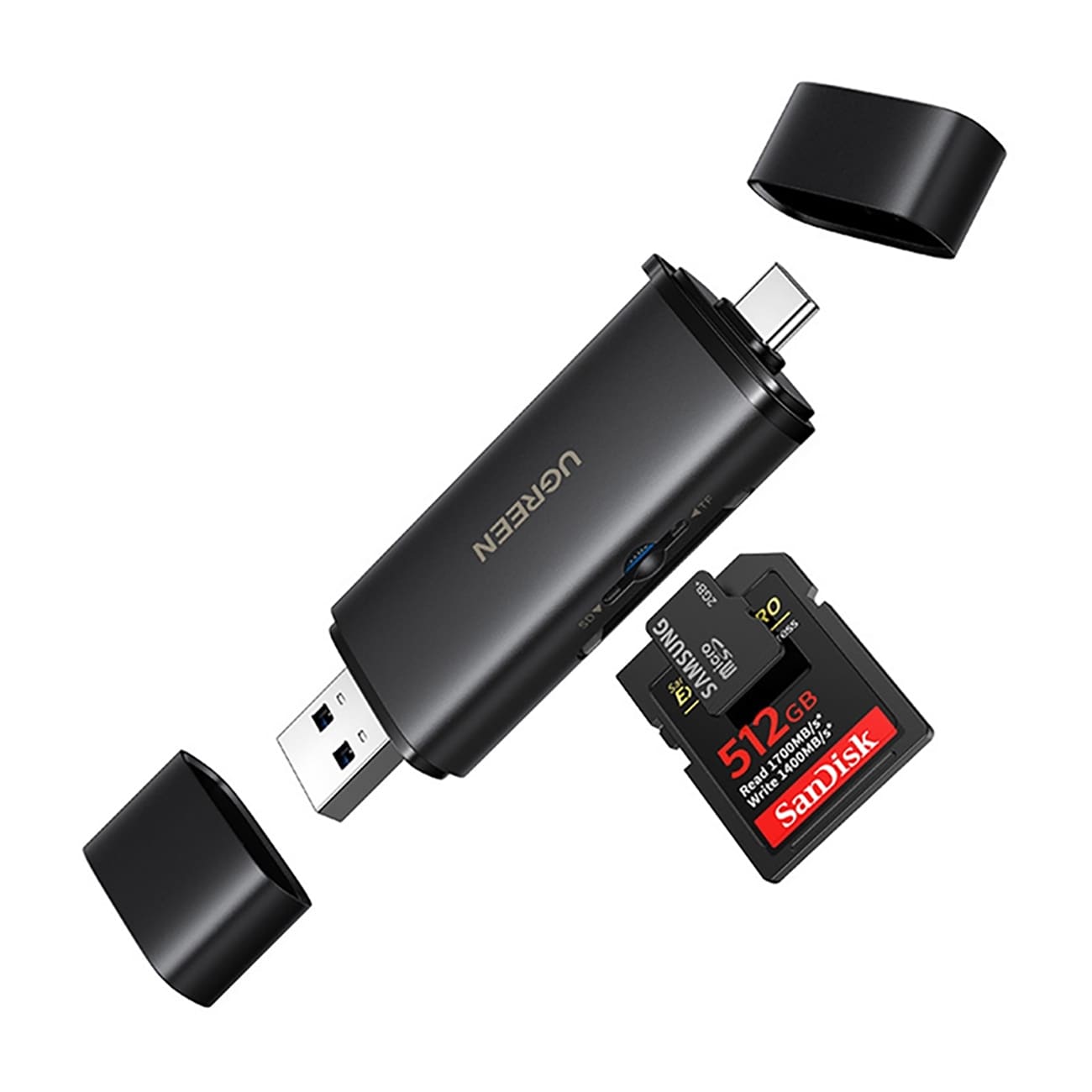 Ugreen 2-i-1 USB-C/USB-A SD 4.0 UHS-II-kortleser – svart
