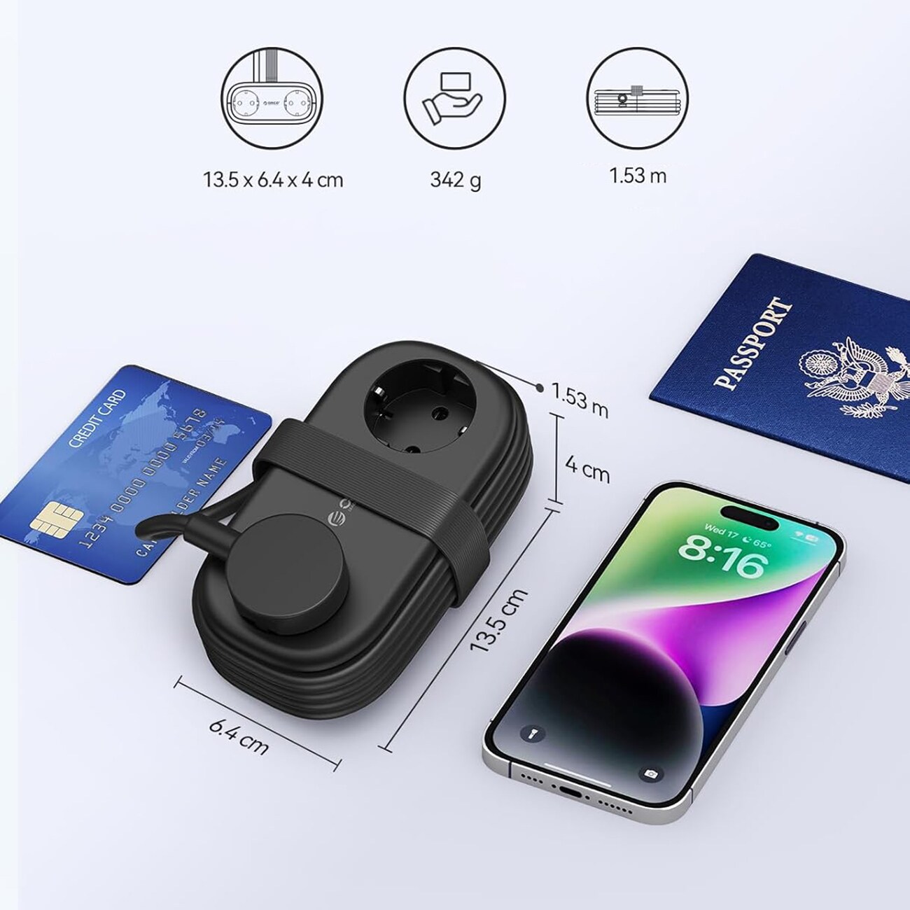 Orico AP3 20 W 5-i-1-stikkontakt 2x vekselstrøm + 2x USB-A + 1x USB-C – Svart / Ladestikkontakt