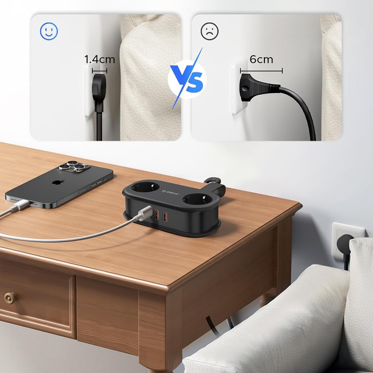 Orico AP3 20 W 5-i-1-stikkontakt 2x vekselstrøm + 2x USB-A + 1x USB-C – Svart / Ladestikkontakt