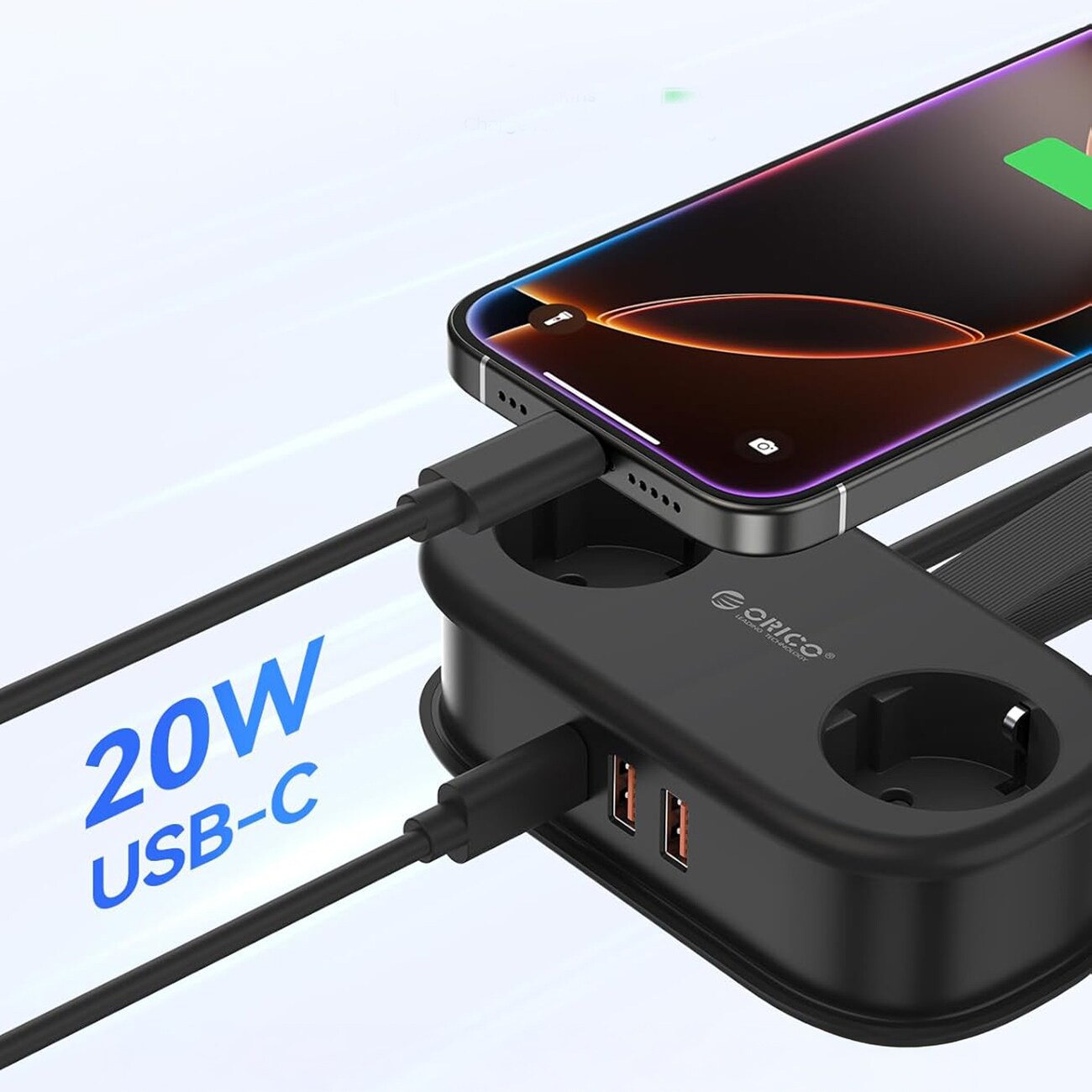 Orico AP3 20 W 5-i-1-stikkontakt 2x vekselstrøm + 2x USB-A + 1x USB-C – Svart / Ladestikkontakt