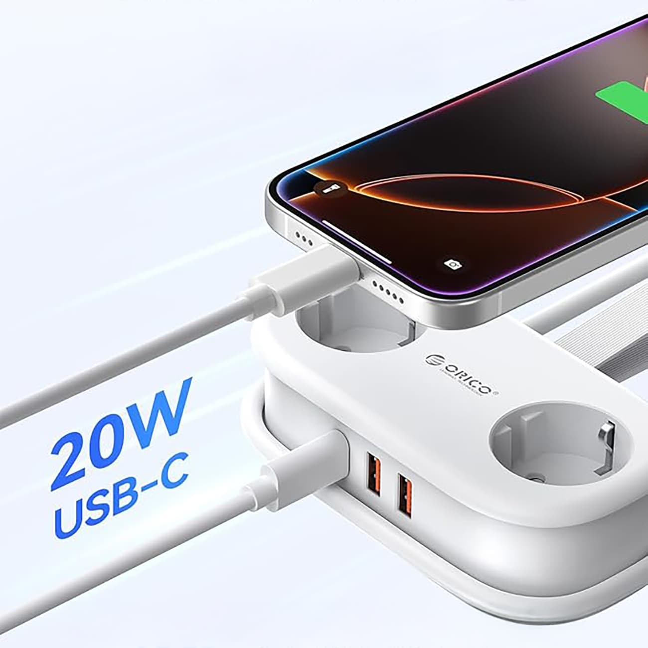 Orico APP 15,5 W 5-i-1 stikkontaktliste 2x vekselstrøm + 2x USB-A + 1x USB-C – hvit