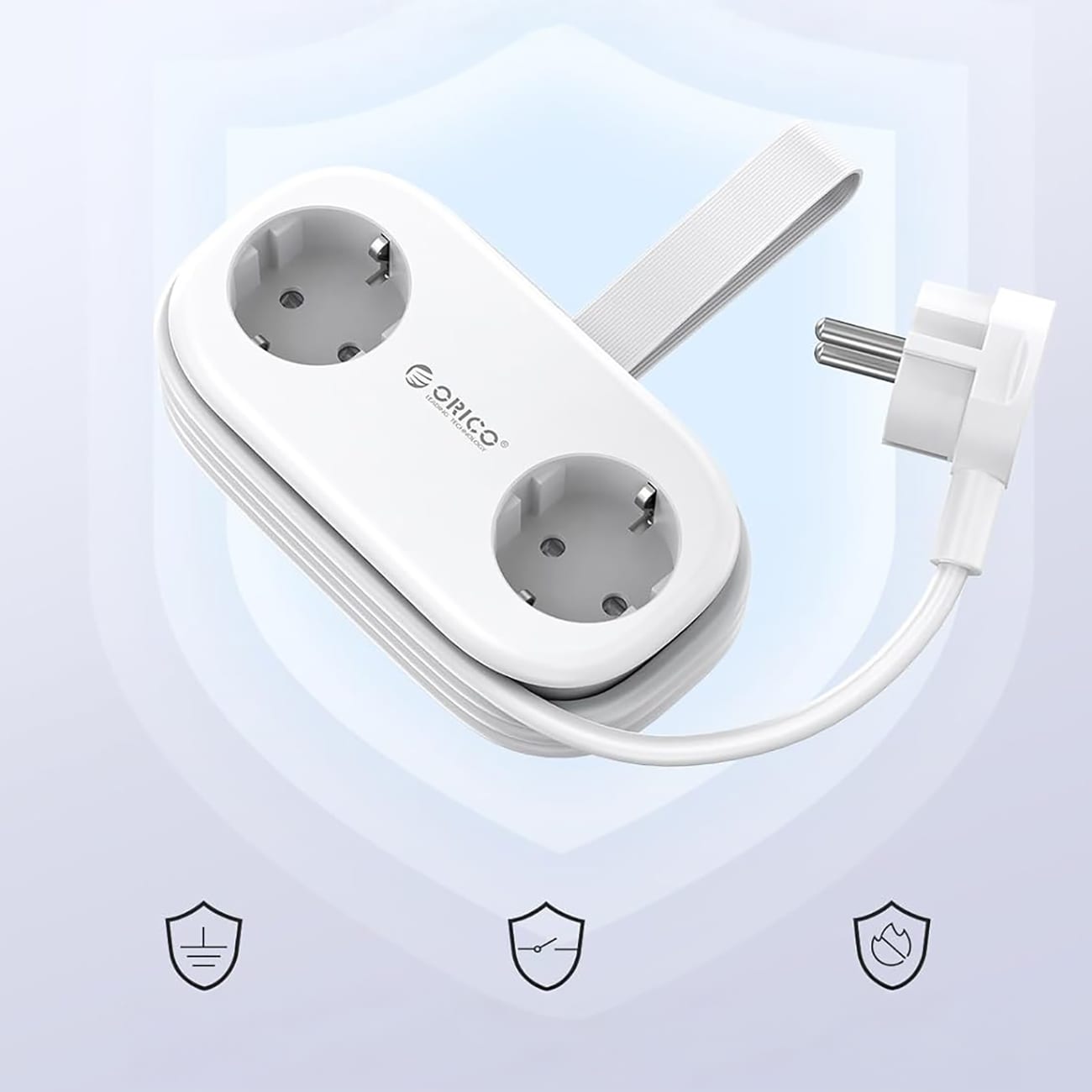Orico APP 15,5 W 5-i-1 stikkontaktliste 2x vekselstrøm + 2x USB-A + 1x USB-C – hvit