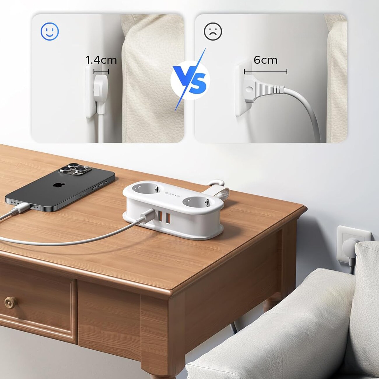 Orico APP 15,5 W 5-i-1 stikkontaktliste 2x vekselstrøm + 2x USB-A + 1x USB-C – hvit