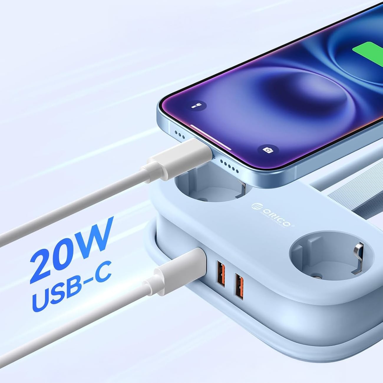 Orico AP3 20 W GaN 5-i-1-stikkontakt 2x vekselstrøm + 2x USB-A + 1x USB-C – blå / Stikkontakt med USB