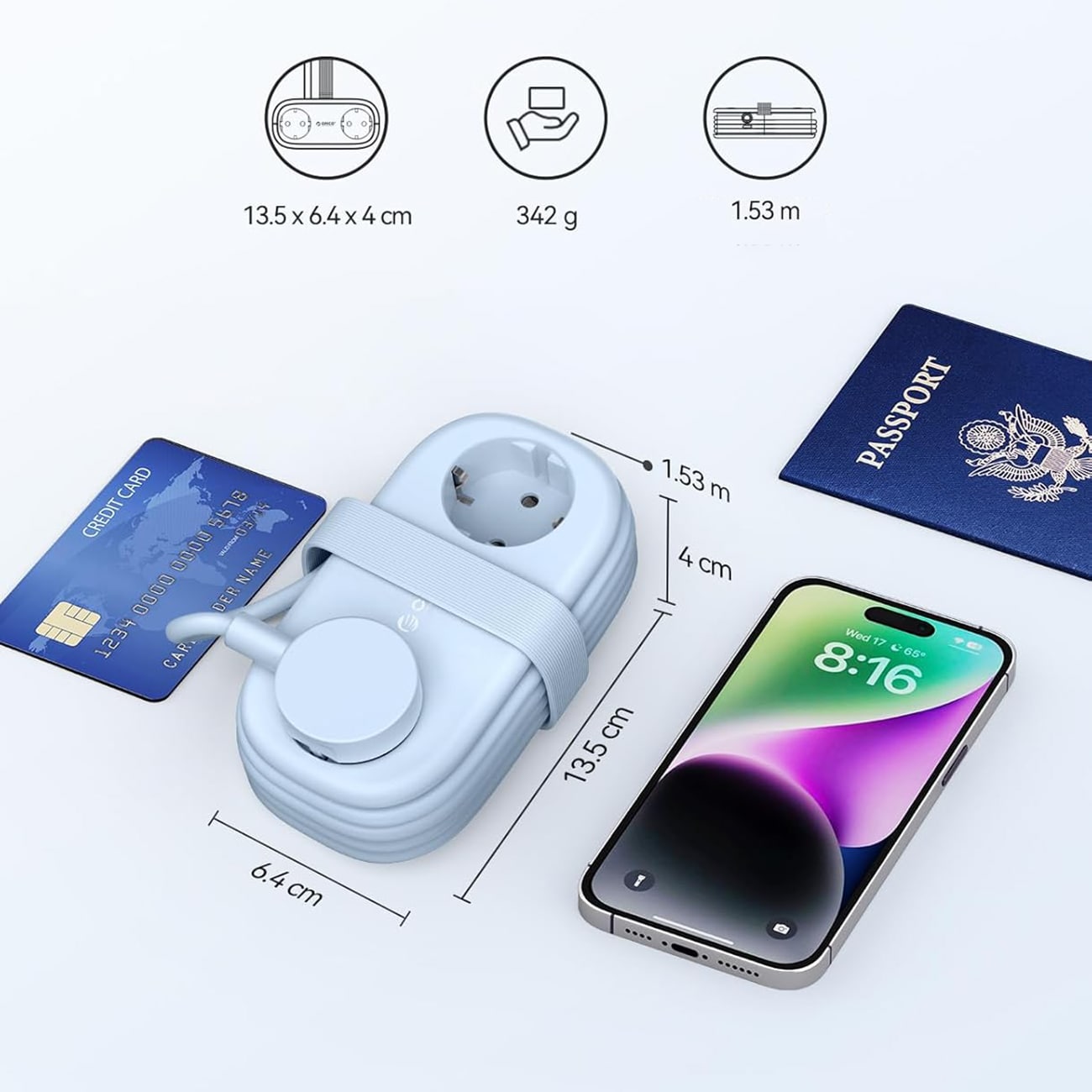 Orico AP3 20 W GaN 5-i-1-stikkontakt 2x vekselstrøm + 2x USB-A + 1x USB-C – blå / Stikkontakt med USB