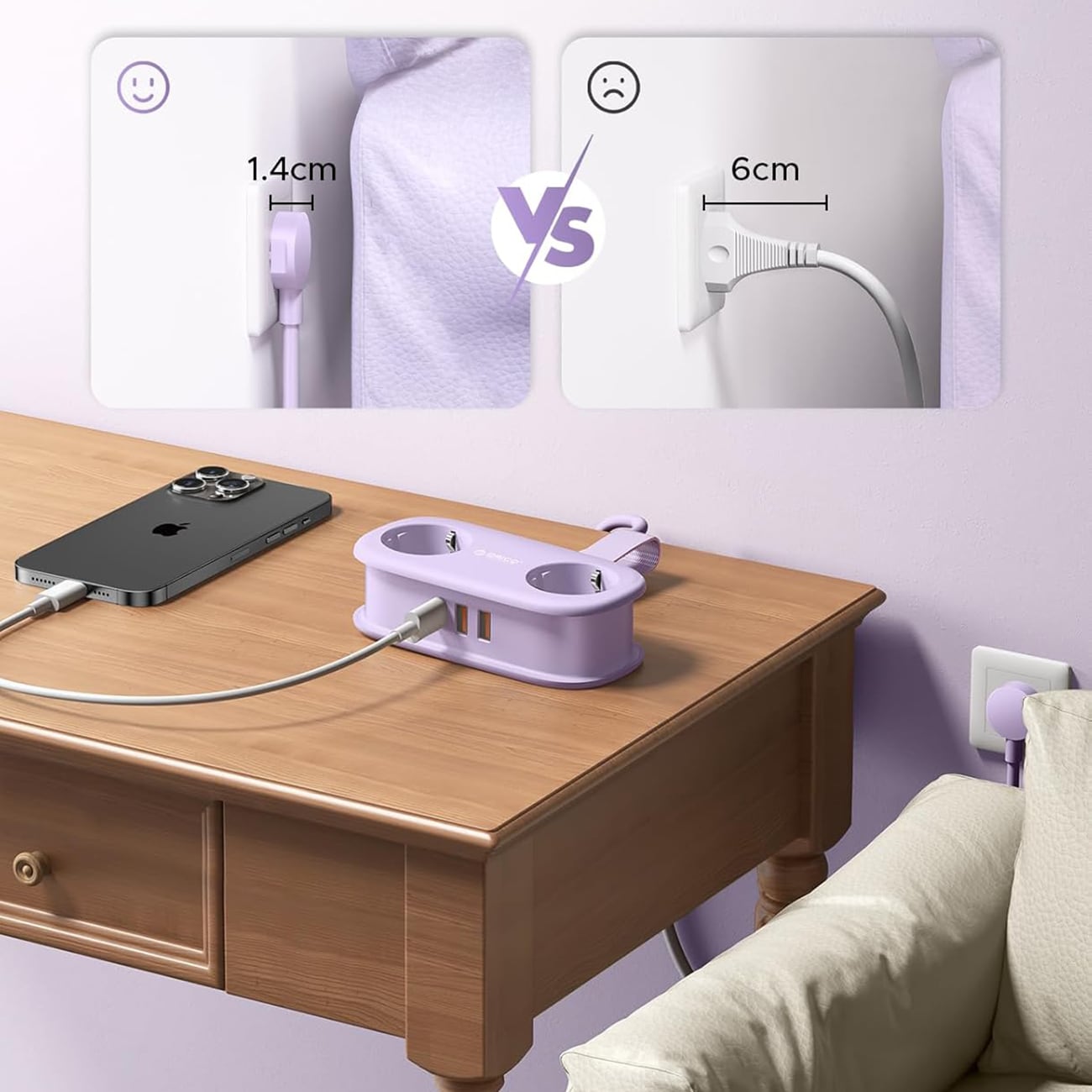 Orico AP3 20 W GaN 5-i-1-stikkontakt 2x vekselstrøm + 2x USB-A + 1x USB-C – lilla / Stikkontakt med USB