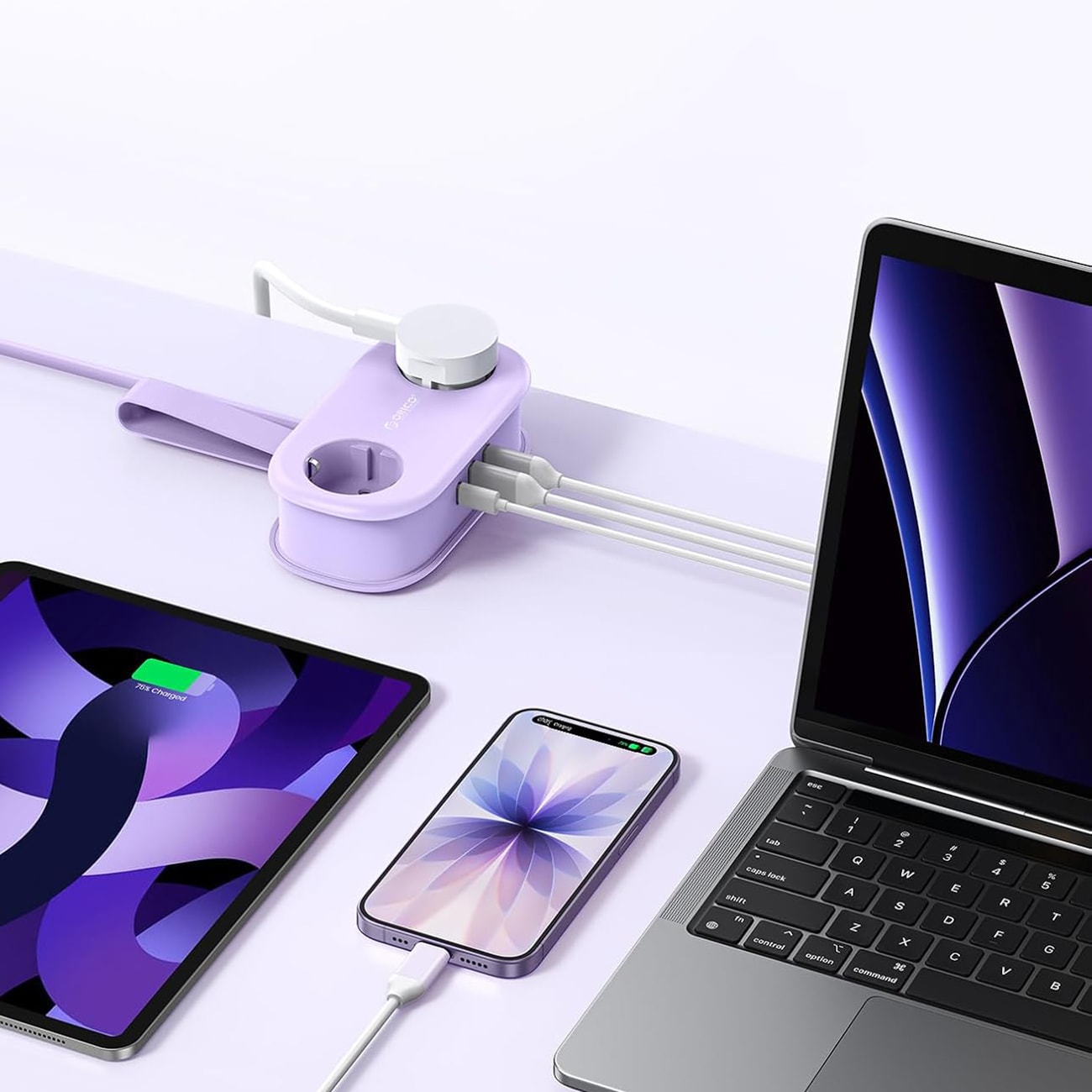 Orico AP3 20 W GaN 5-i-1-stikkontakt 2x vekselstrøm + 2x USB-A + 1x USB-C – lilla / Stikkontakt med USB