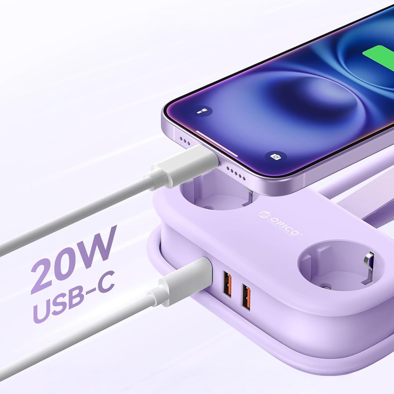 Orico AP3 20 W GaN 5-i-1-stikkontakt 2x vekselstrøm + 2x USB-A + 1x USB-C – lilla / Stikkontakt med USB