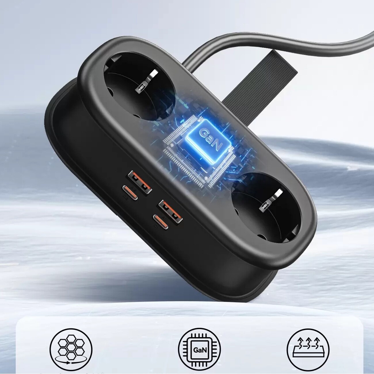 Orico AP3 20 W GaN 5-i-1 stikkontaktliste 2x vekselstrøm + 2x USB-A + 1x USB-C – svart