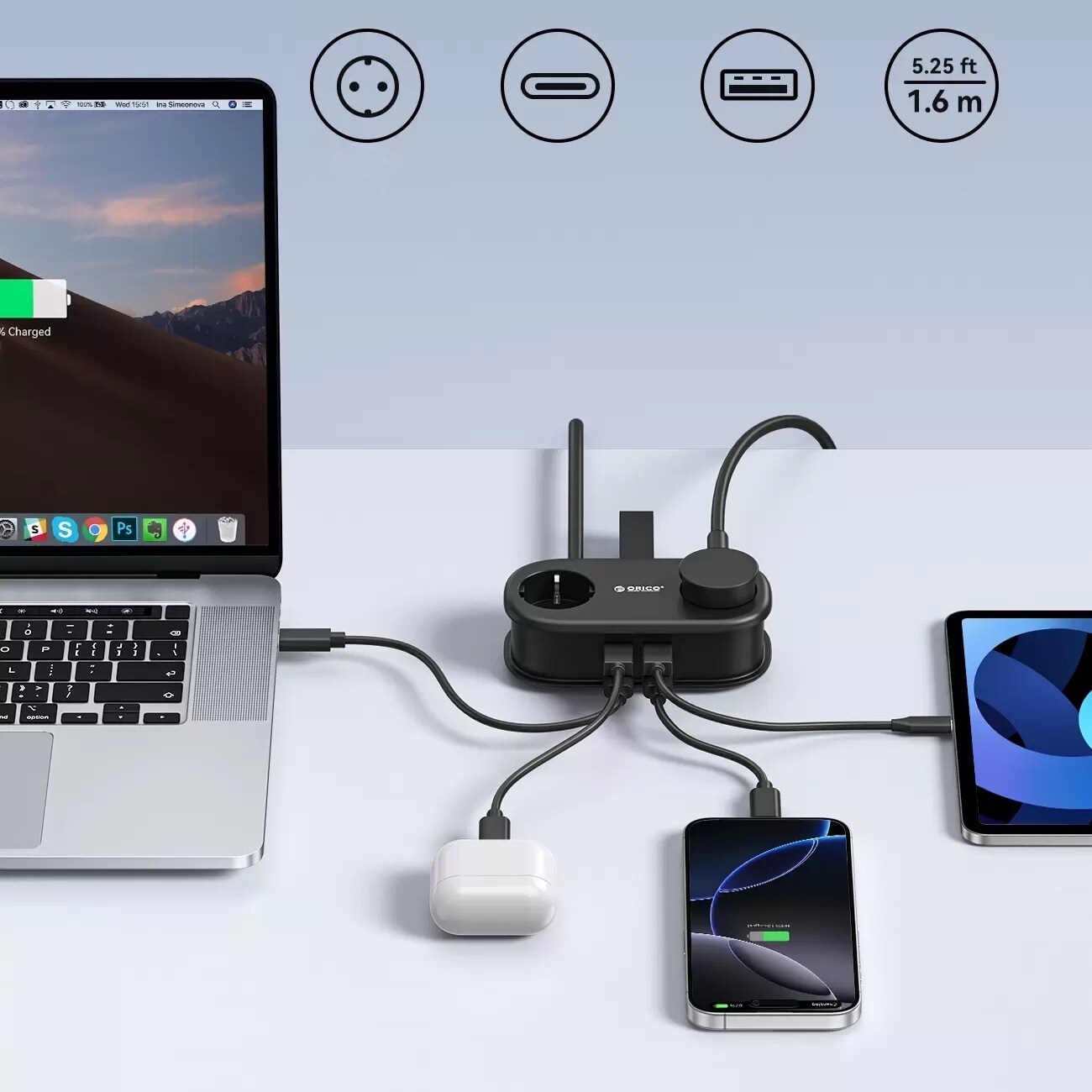 Orico AP3 20 W GaN 5-i-1 stikkontaktliste 2x vekselstrøm + 2x USB-A + 1x USB-C – svart