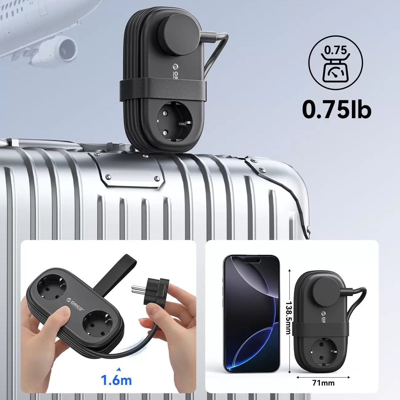Orico AP3 20 W GaN 5-i-1 stikkontaktliste 2x vekselstrøm + 2x USB-A + 1x USB-C – svart