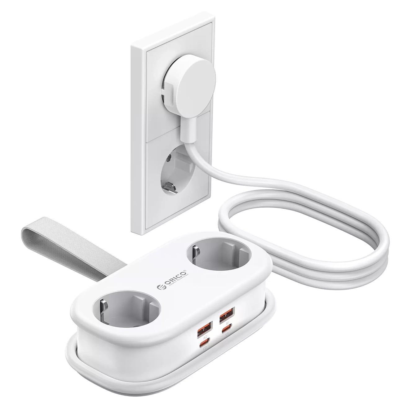 Orico AP3 20 W GaN 5-i-1 stikkontaktliste 2x vekselstrøm + 2x USB-A + 1x USB-C – hvit