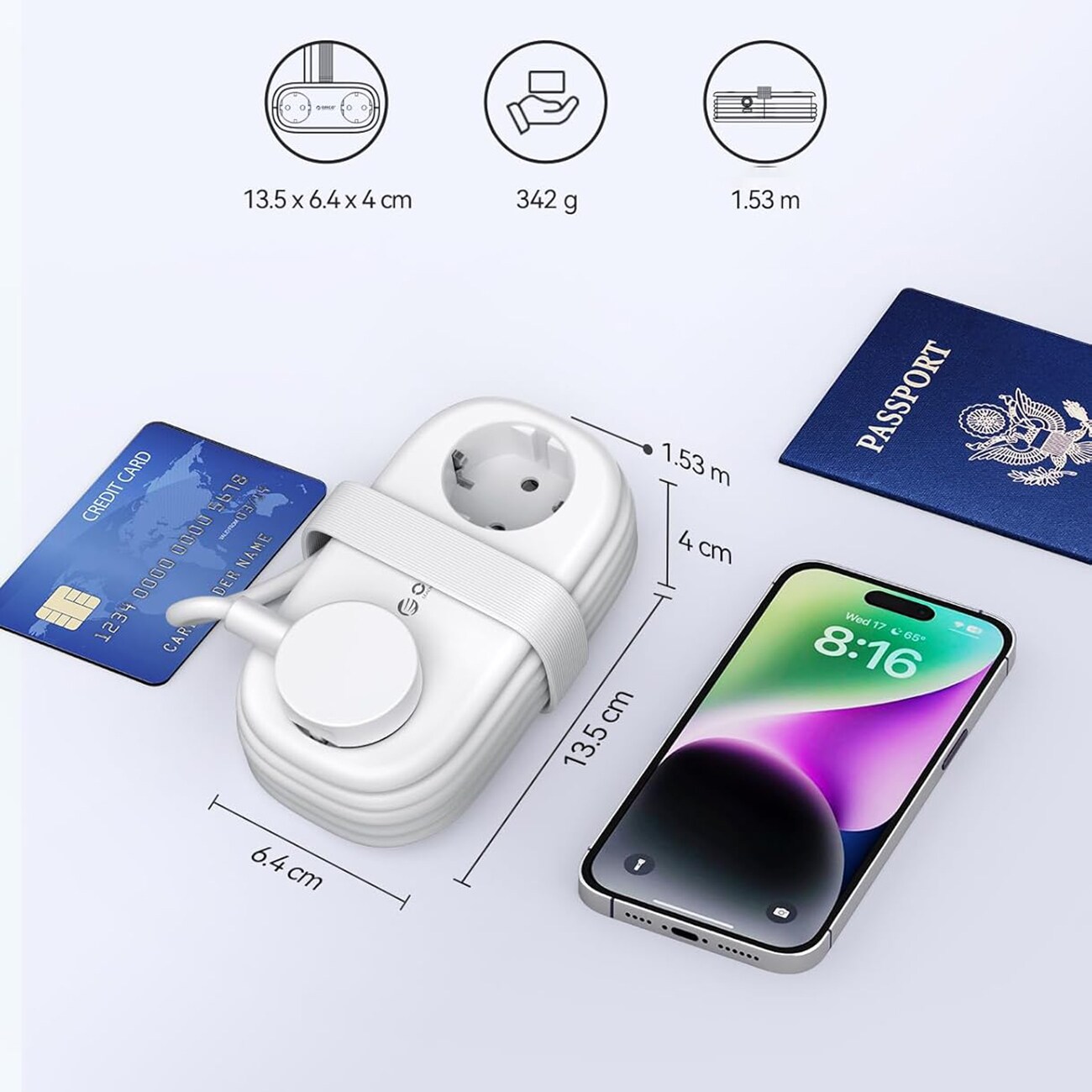 Orico AP3 20 W GaN 5-i-1 stikkontaktliste 2x vekselstrøm + 2x USB-A + 1x USB-C – hvit