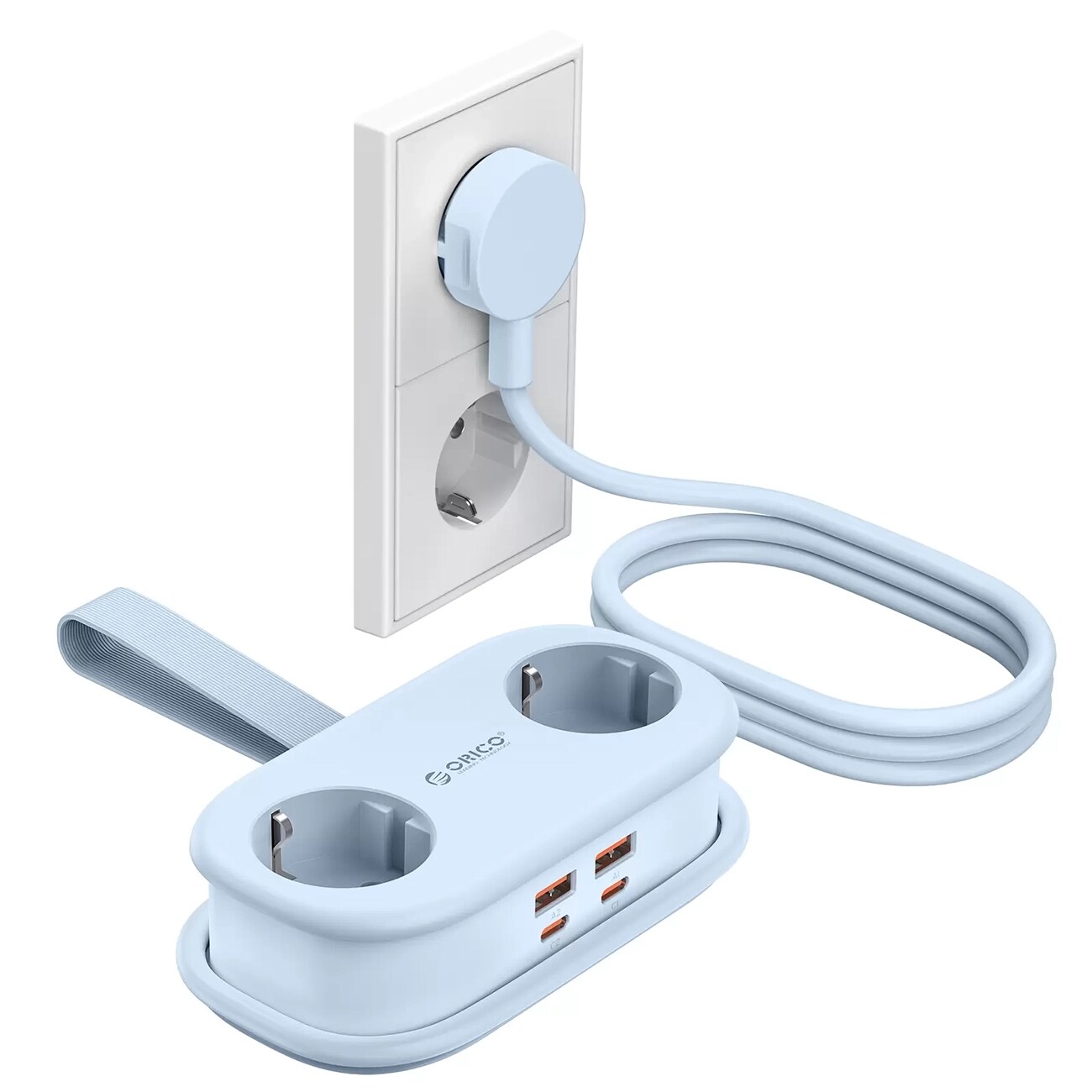 Orico AP3 65 W GaN 6-i-1 stikkontaktliste 2x vekselstrøm + 2x USB-A + 2x USB-C – blå