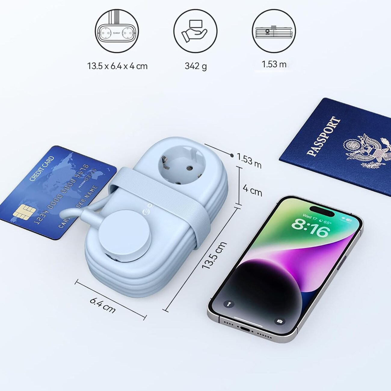 Orico AP3 65 W GaN 6-i-1 stikkontaktliste 2x vekselstrøm + 2x USB-A + 2x USB-C – blå