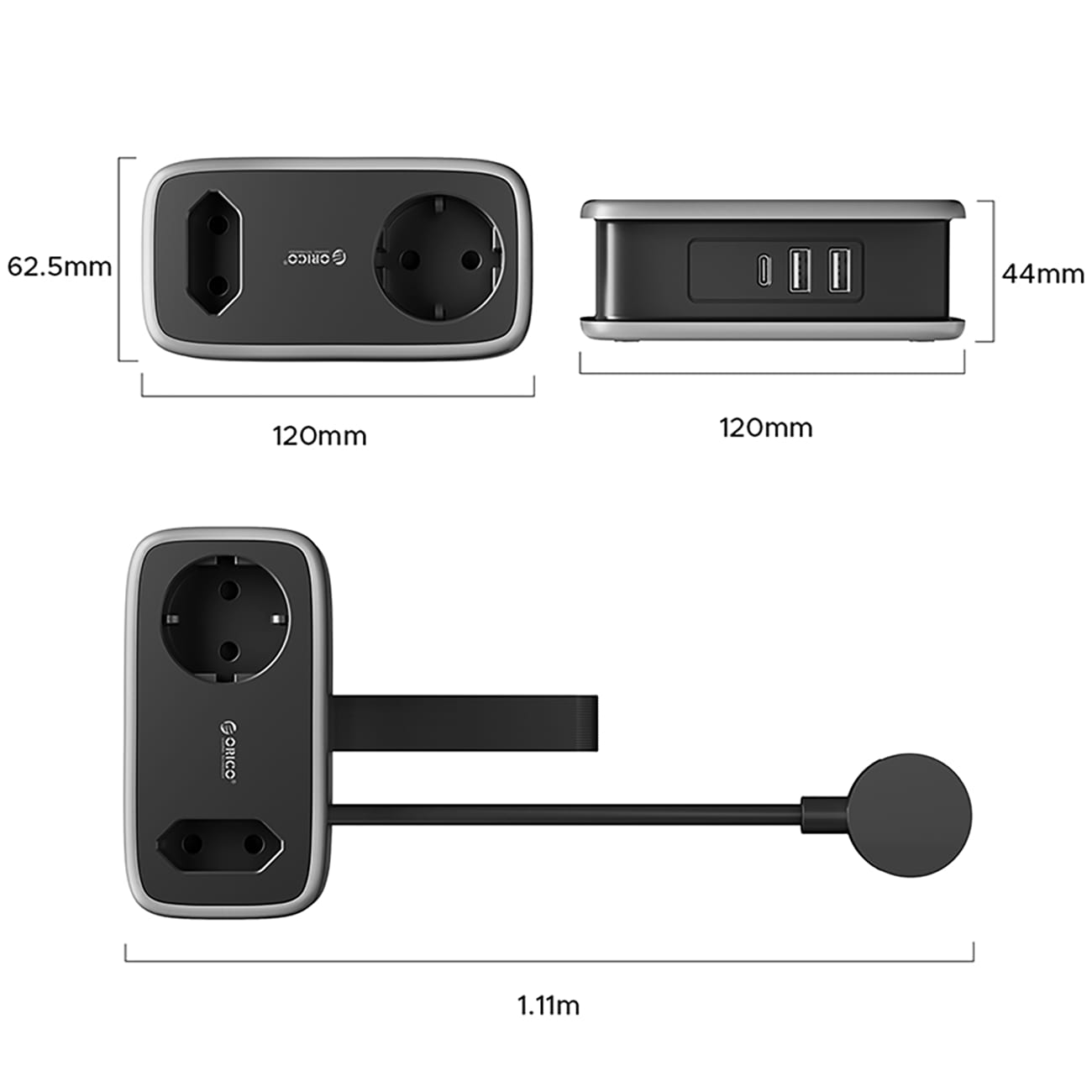 Orico AP3 65 W GaN 6-i-1 stikkontaktliste 2x vekselstrøm + 2x USB-A + 2x USB-C – svart