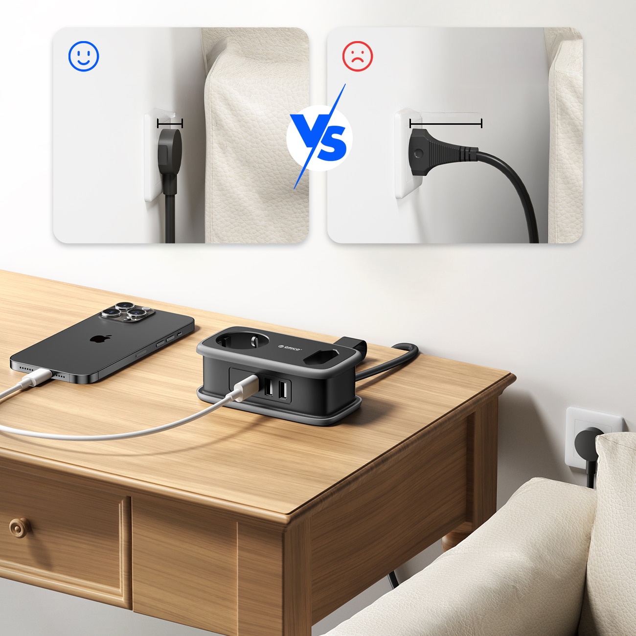 Orico AP3 65 W GaN 6-i-1 stikkontaktliste 2x vekselstrøm + 2x USB-A + 2x USB-C – svart