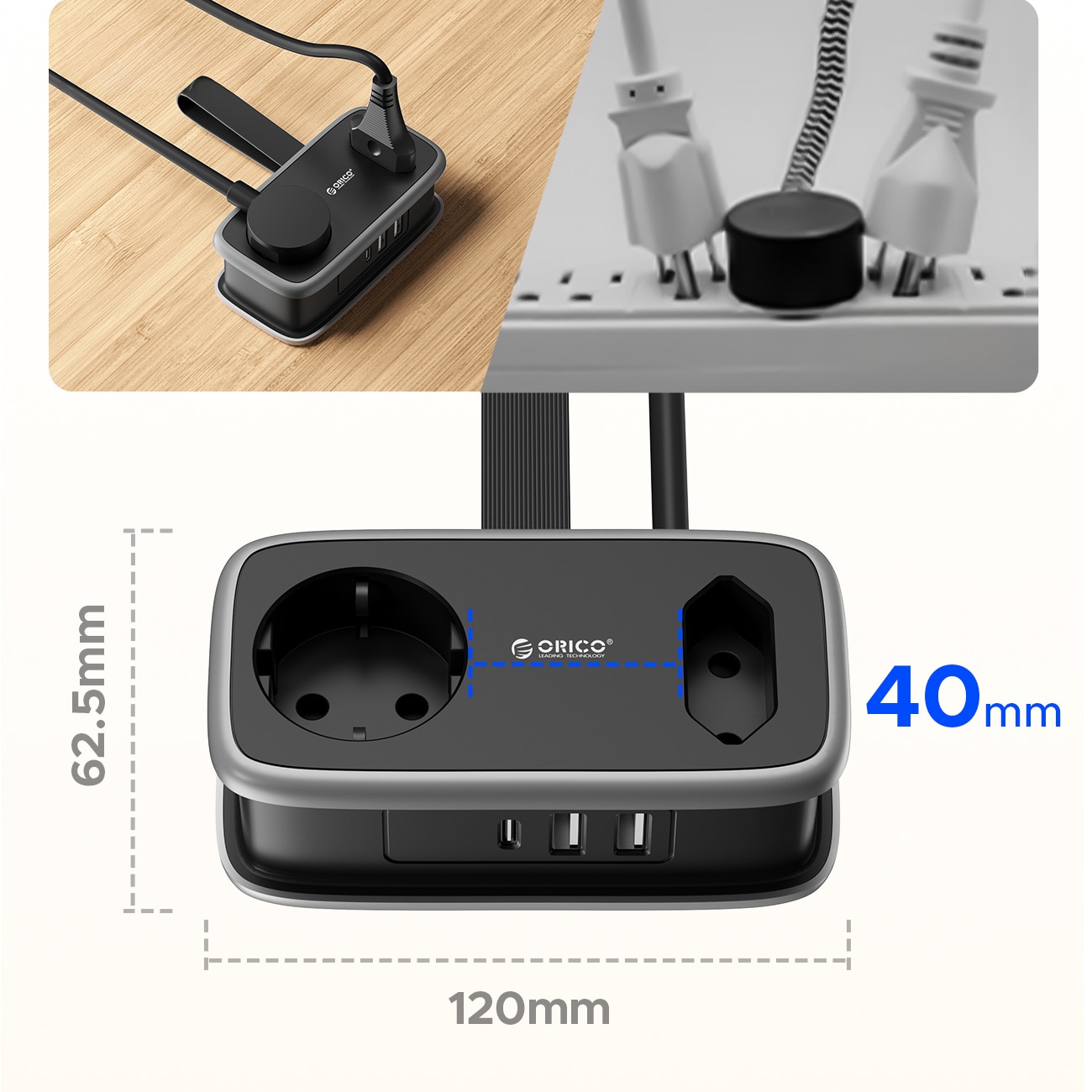 Orico AP3 65 W GaN 6-i-1 stikkontaktliste 2x vekselstrøm + 2x USB-A + 2x USB-C – svart
