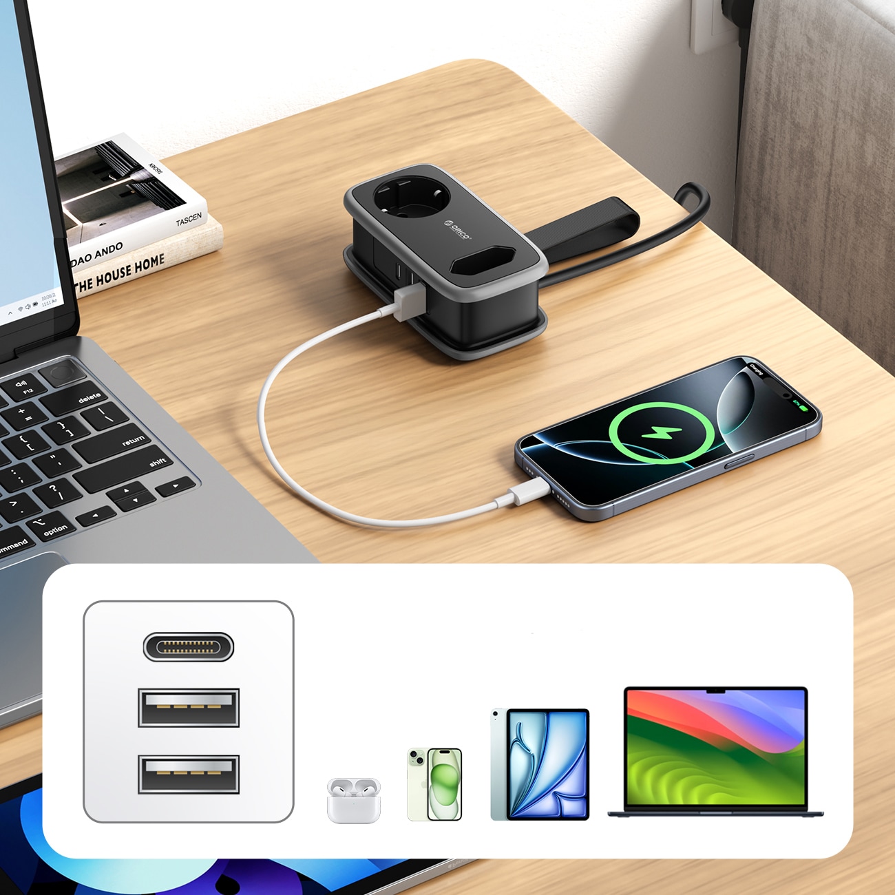 Orico AP3 65 W GaN 6-i-1 stikkontaktliste 2x vekselstrøm + 2x USB-A + 2x USB-C – svart