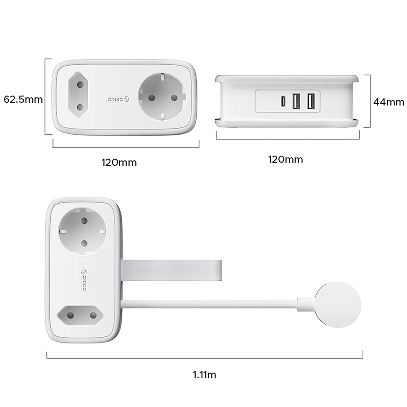 Orico AP3 65 W GaN 6-i-1 stikkontaktliste 2x vekselstrøm + 2x USB-A + 2x USB-C – hvit