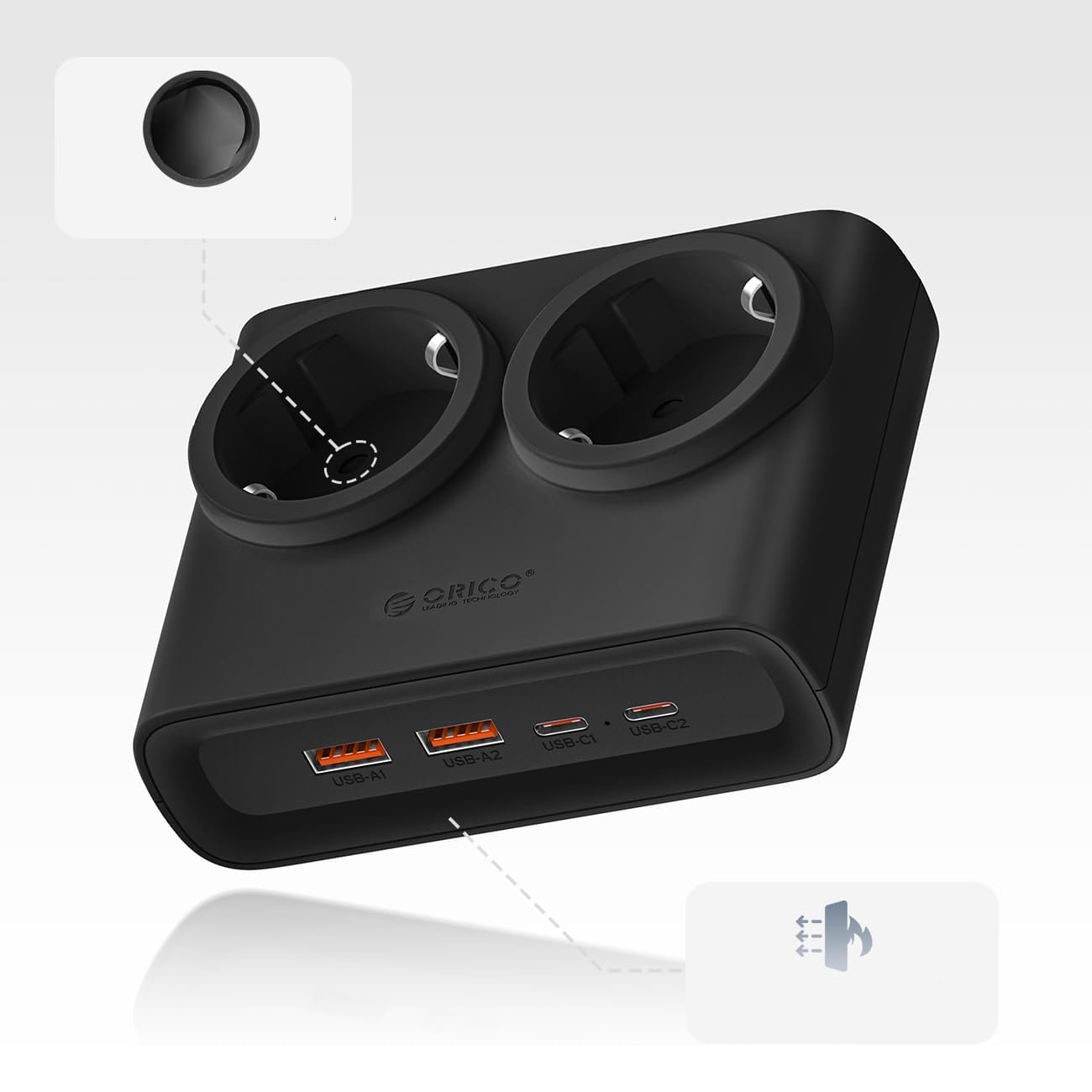Orico PDC25 25 W 6-i-1 stikkontaktliste 2x vekselstrøm + 2x USB-A + 2x USB-C – svart