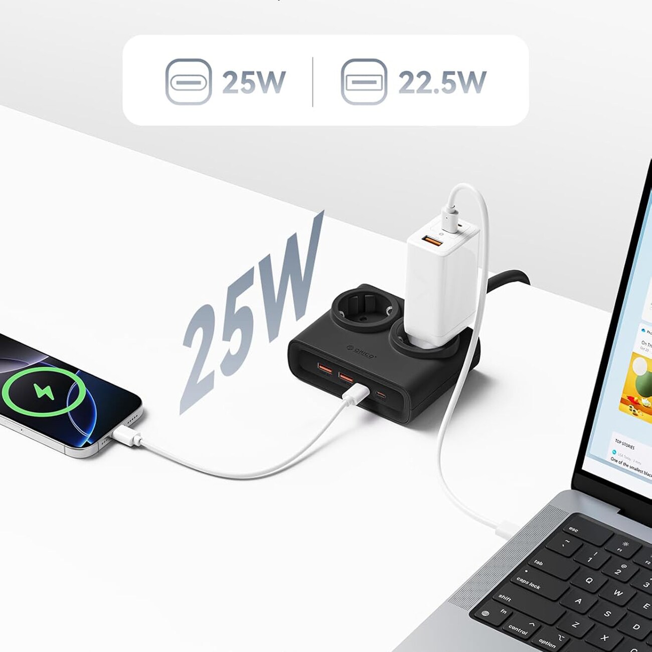 Orico PDC25 25 W 6-i-1 stikkontaktliste 2x vekselstrøm + 2x USB-A + 2x USB-C – svart