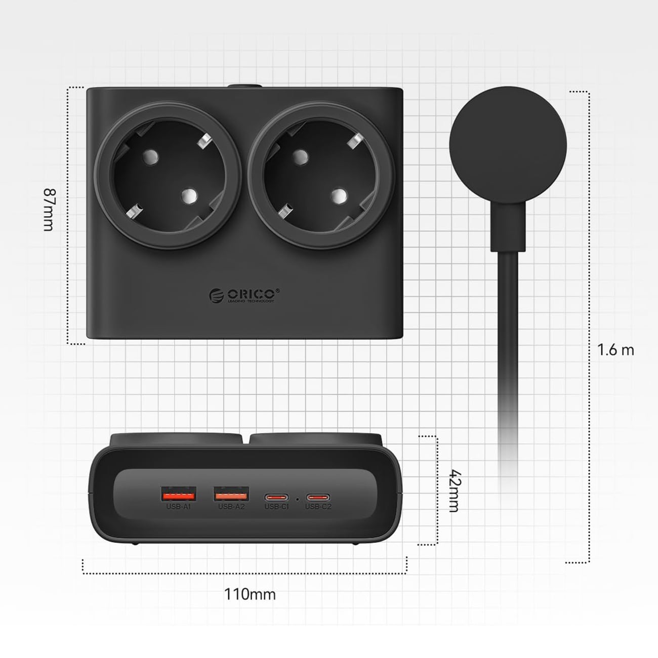 Orico PDC25 25 W 6-i-1 stikkontaktliste 2x vekselstrøm + 2x USB-A + 2x USB-C – svart