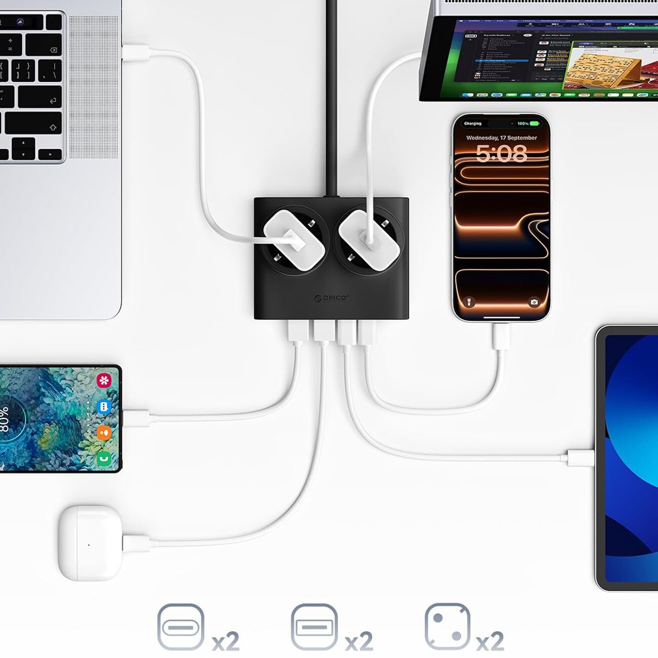 Orico PDC25 25 W 6-i-1 stikkontaktliste 2x vekselstrøm + 2x USB-A + 2x USB-C – svart