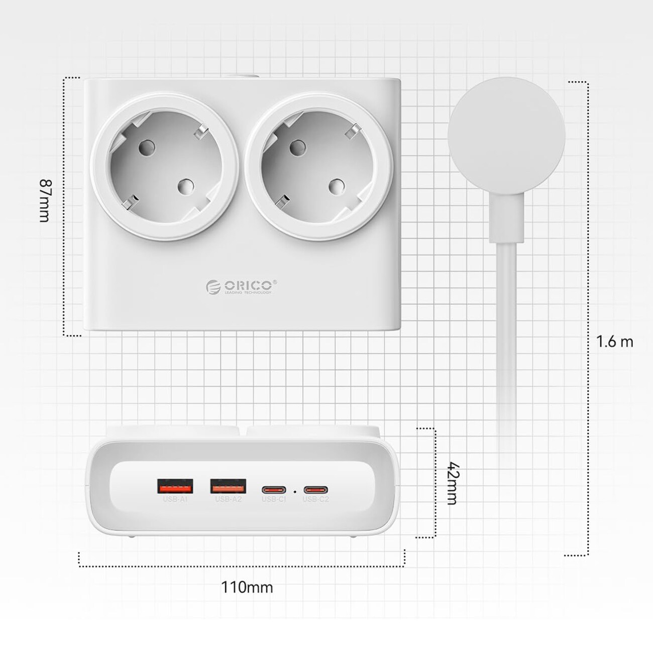 Orico PDC25 25 W 6-i-1 stikkontaktblokk 2x vekselstrøm + 2x USB-A + 2x USB-C – hvit