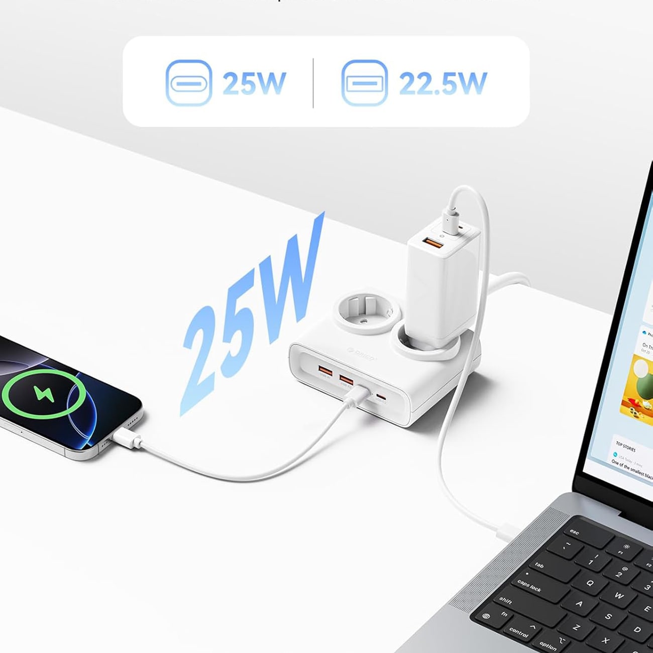 Orico PDC25 25 W 6-i-1 stikkontaktblokk 2x vekselstrøm + 2x USB-A + 2x USB-C – hvit