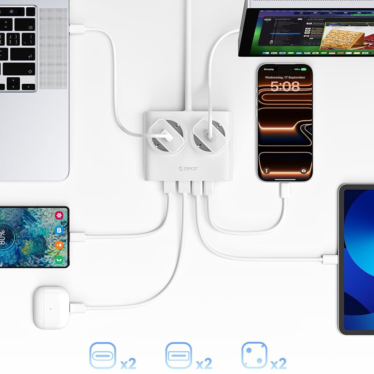 Orico PDC25 25 W 6-i-1 stikkontaktblokk 2x vekselstrøm + 2x USB-A + 2x USB-C – hvit