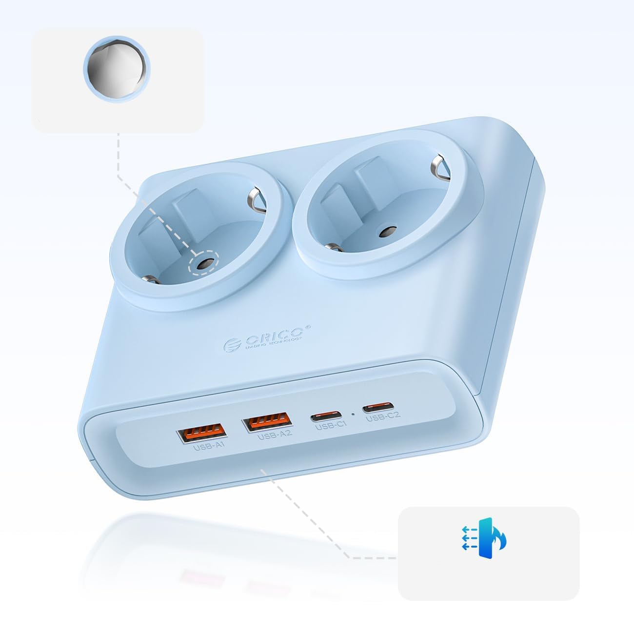 Orico PDC25 25 W 6-i-1 stikkontaktliste 2x vekselstrøm + 2x USB-A + 2x USB-C – blå