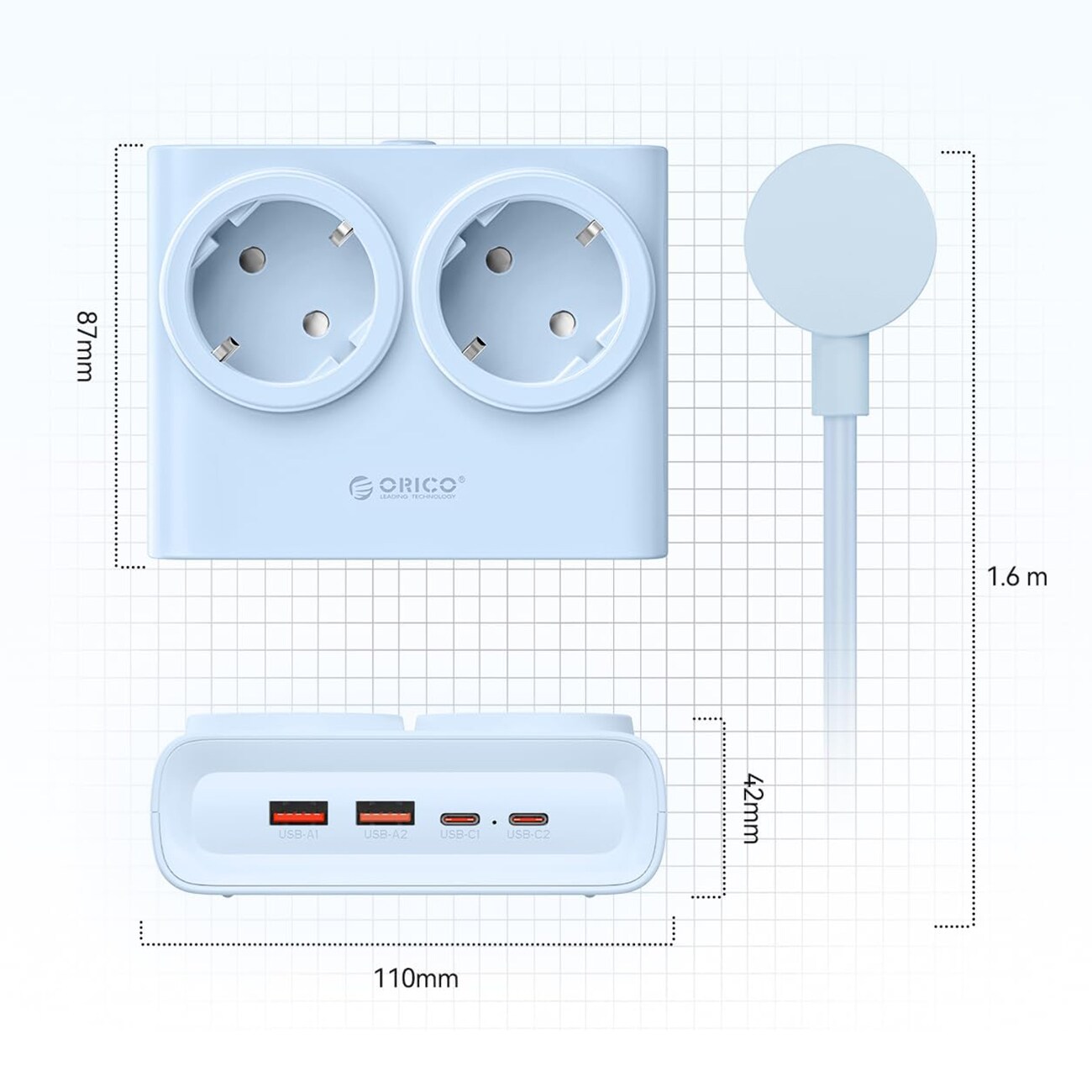 Orico PDC25 25 W 6-i-1 stikkontaktliste 2x vekselstrøm + 2x USB-A + 2x USB-C – blå