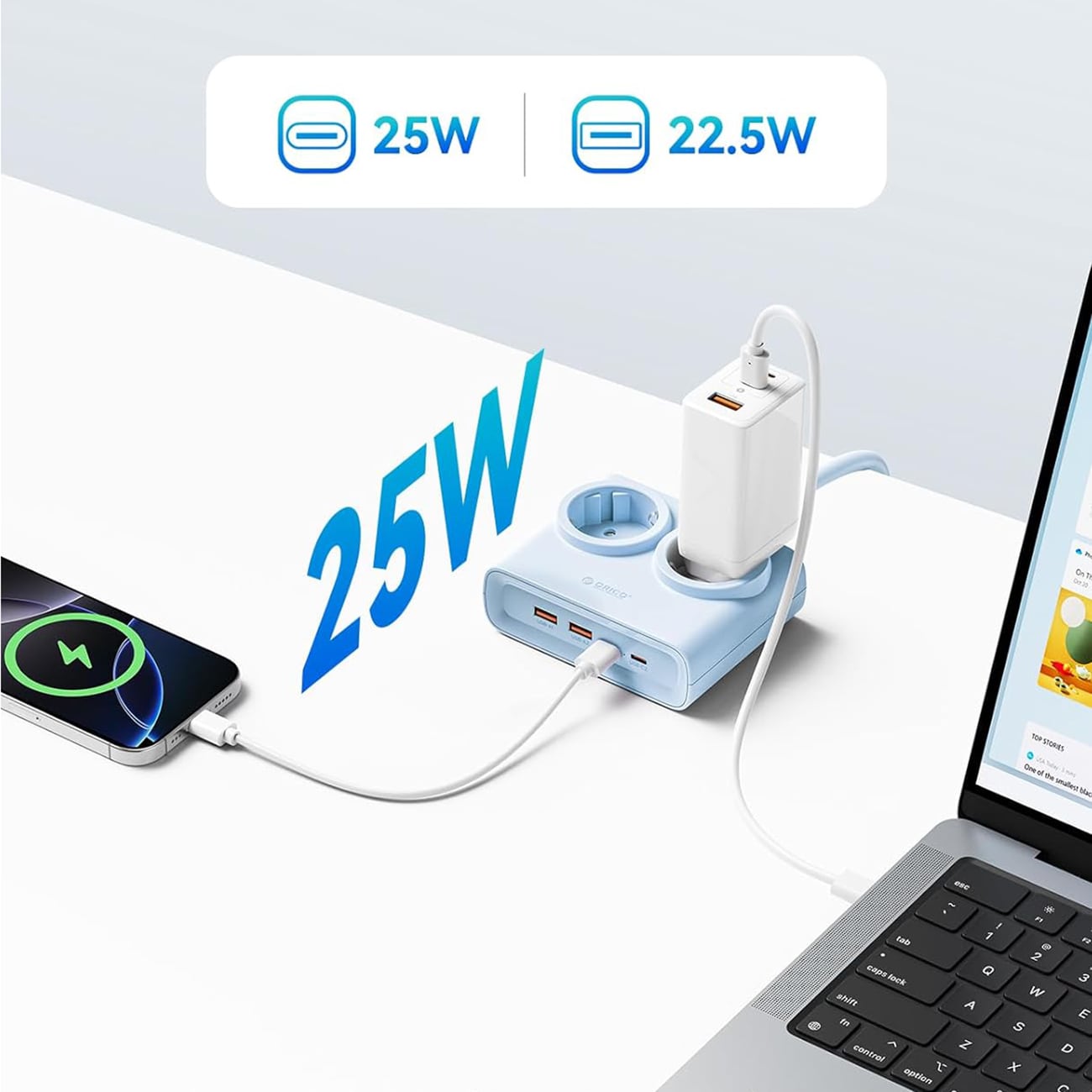 Orico PDC25 25 W 6-i-1 stikkontaktliste 2x vekselstrøm + 2x USB-A + 2x USB-C – blå