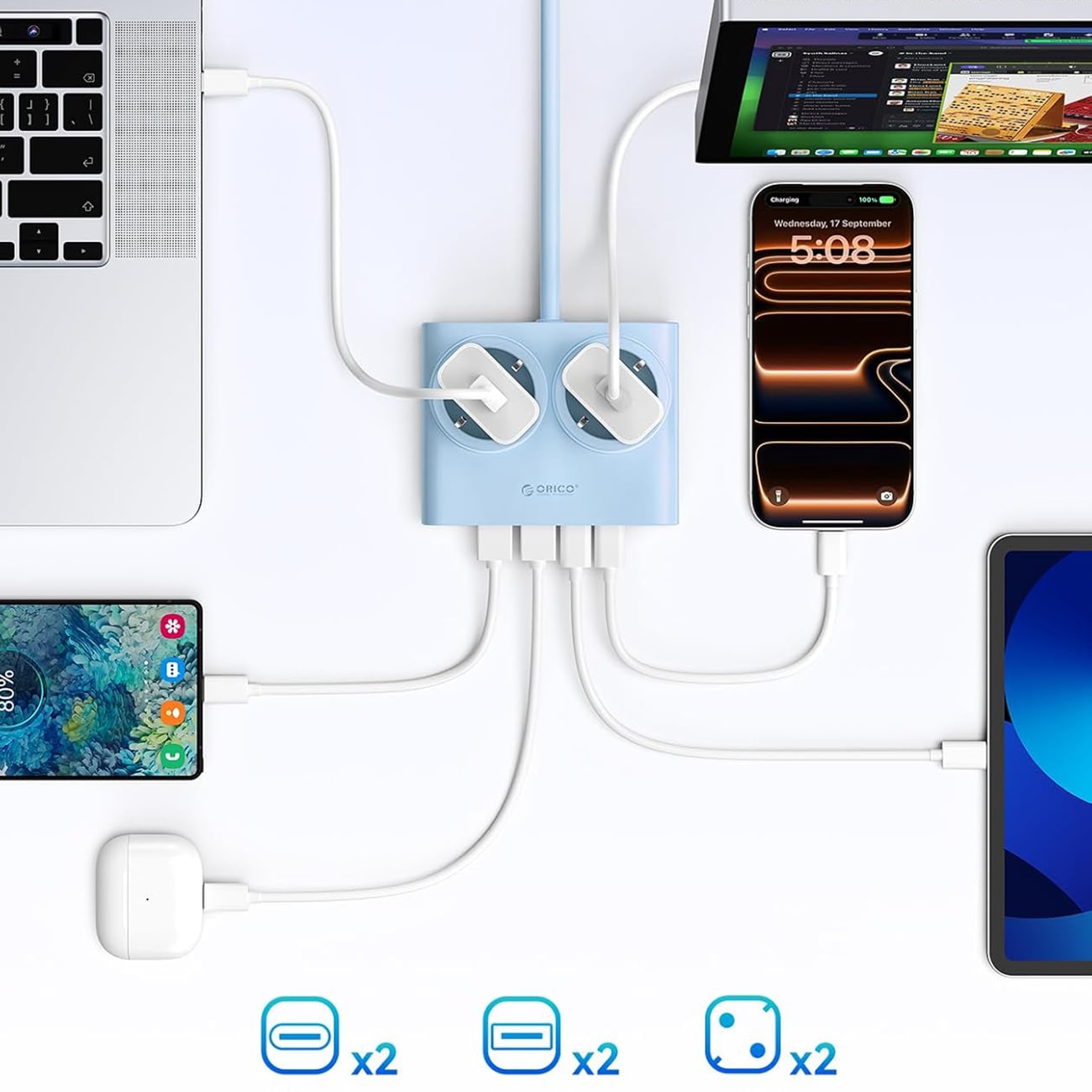 Orico PDC25 25 W 6-i-1 stikkontaktliste 2x vekselstrøm + 2x USB-A + 2x USB-C – blå