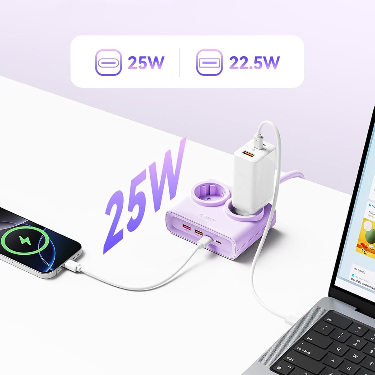 Orico PDC25 25 W 6-i-1 stikkontaktblokk 2x vekselstrøm + 2x USB-A + 2x USB-C – Lilla