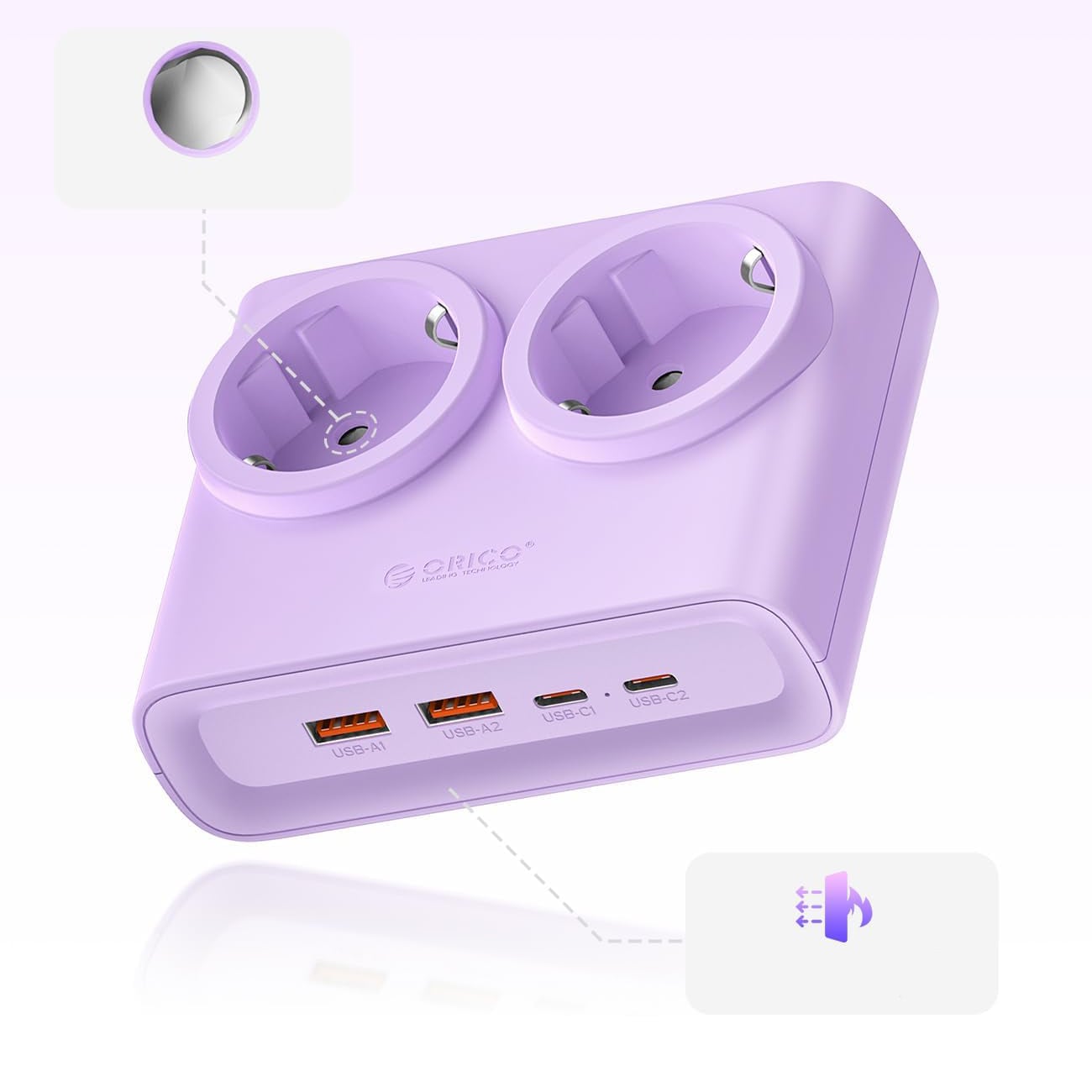 Orico PDC25 25 W 6-i-1 stikkontaktblokk 2x vekselstrøm + 2x USB-A + 2x USB-C – Lilla