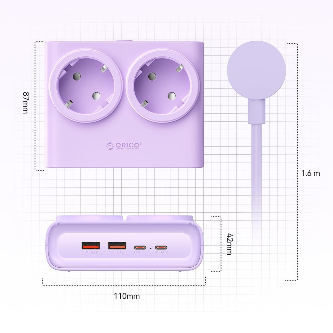 Orico PDC25 25 W 6-i-1 stikkontaktblokk 2x vekselstrøm + 2x USB-A + 2x USB-C – Lilla