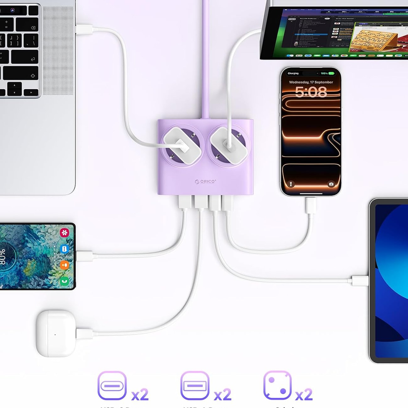 Orico PDC25 25 W 6-i-1 stikkontaktblokk 2x vekselstrøm + 2x USB-A + 2x USB-C – Lilla