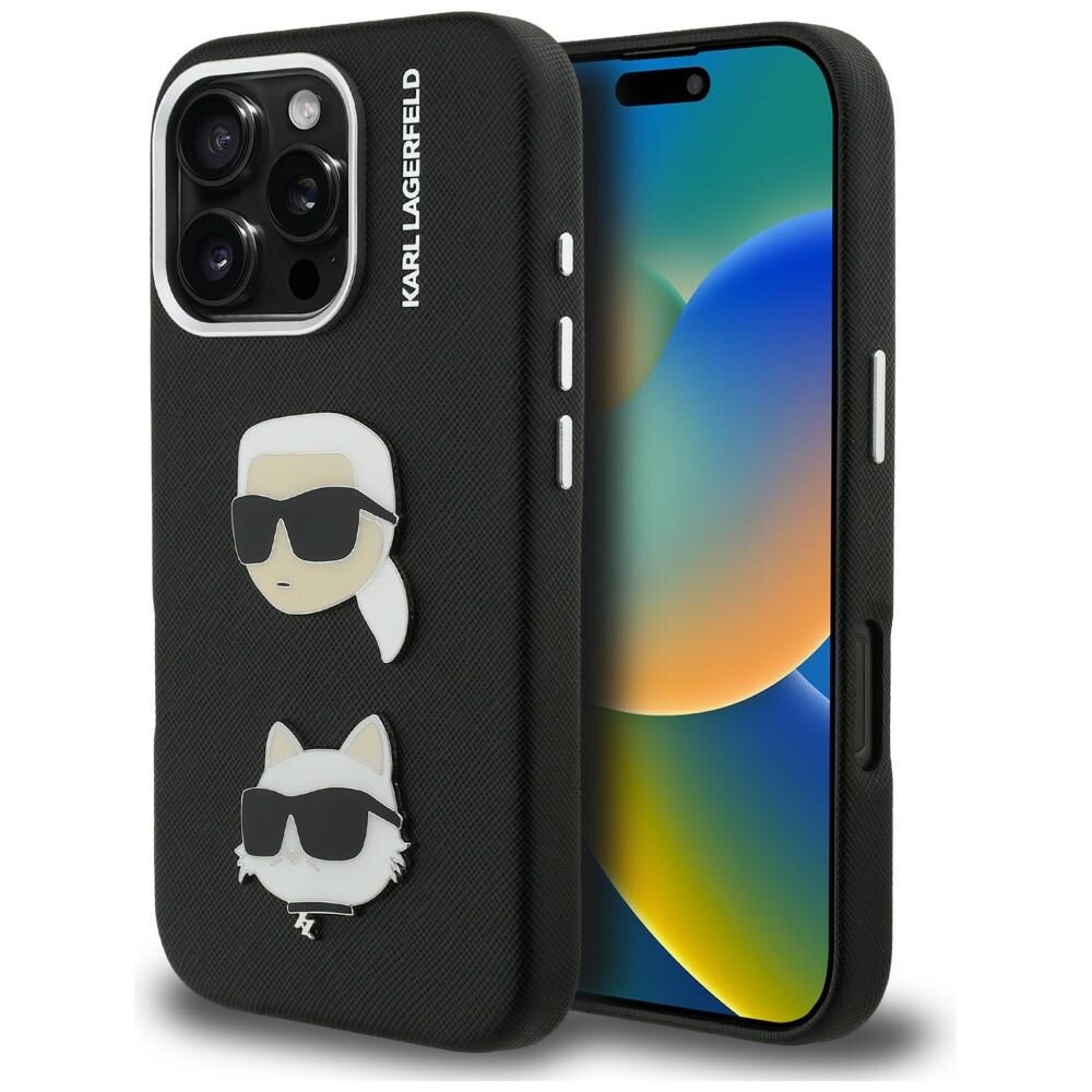 Karl Lagerfeld FW Grained Karl & Choupette Heads Pins-etui til iPhone 16 Pro Max – svart