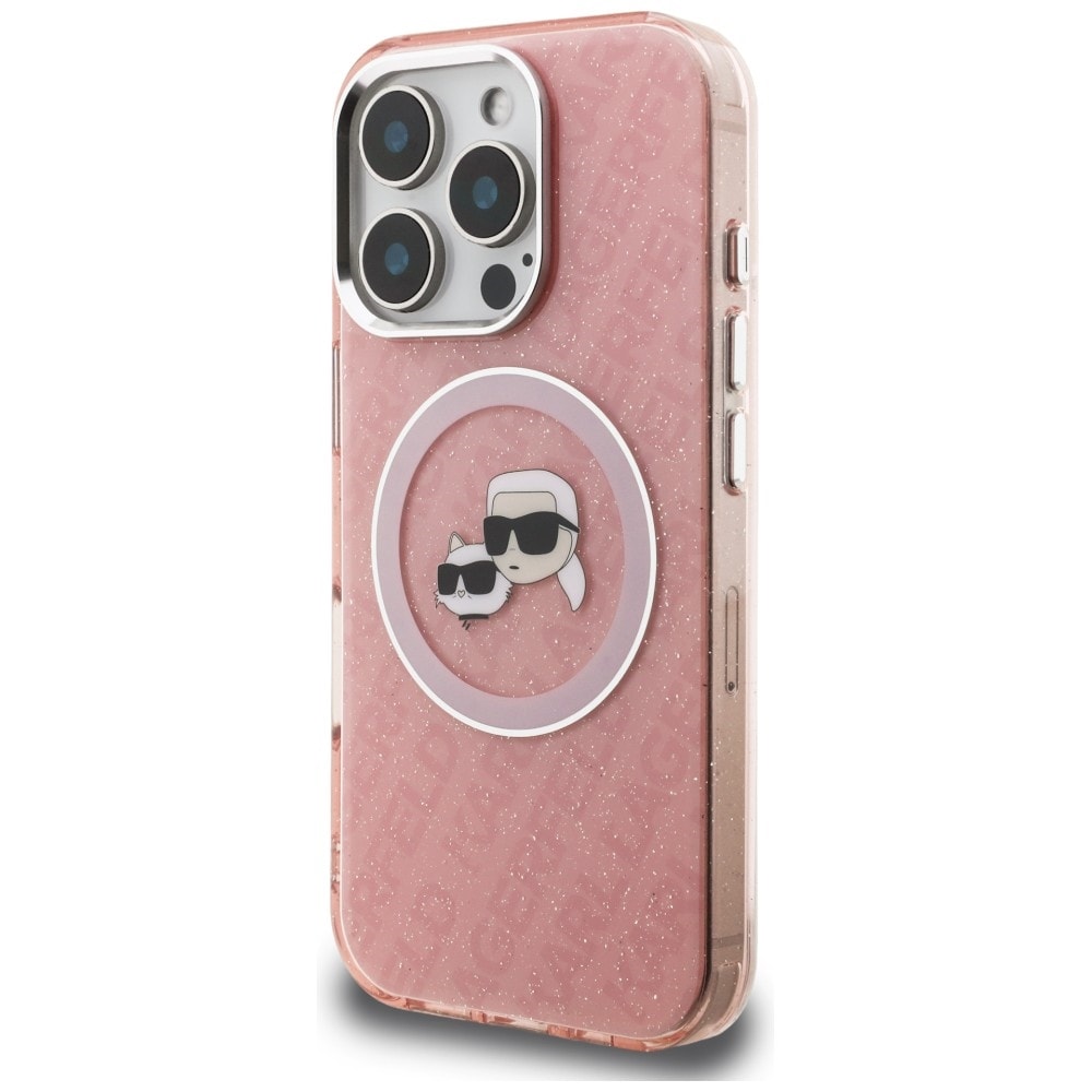 Karl Lagerfeld IML-glitter m. Karl & Choupette-hoder-logo, MagSafe-etui iPhone 16 Pro Max – rosa