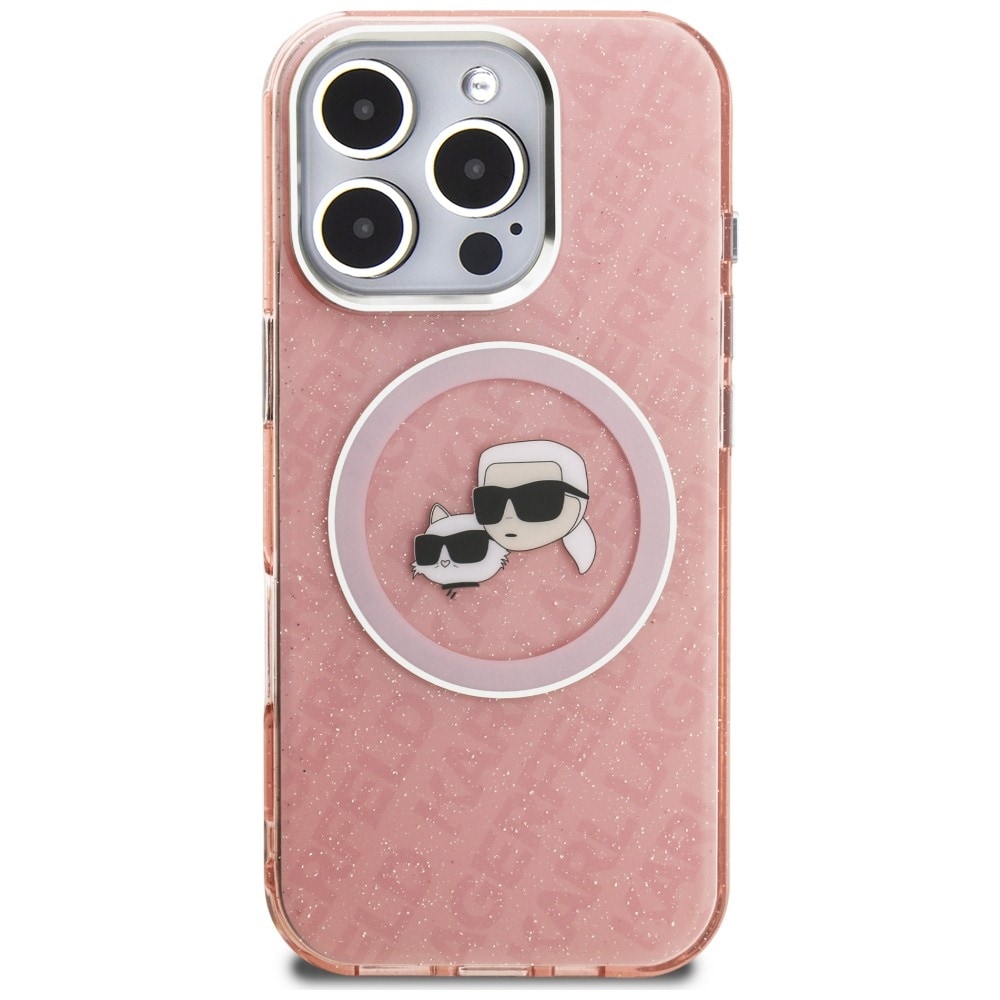Karl Lagerfeld IML-glitter m. Karl & Choupette-hoder-logo, MagSafe-etui iPhone 16 Pro Max – rosa